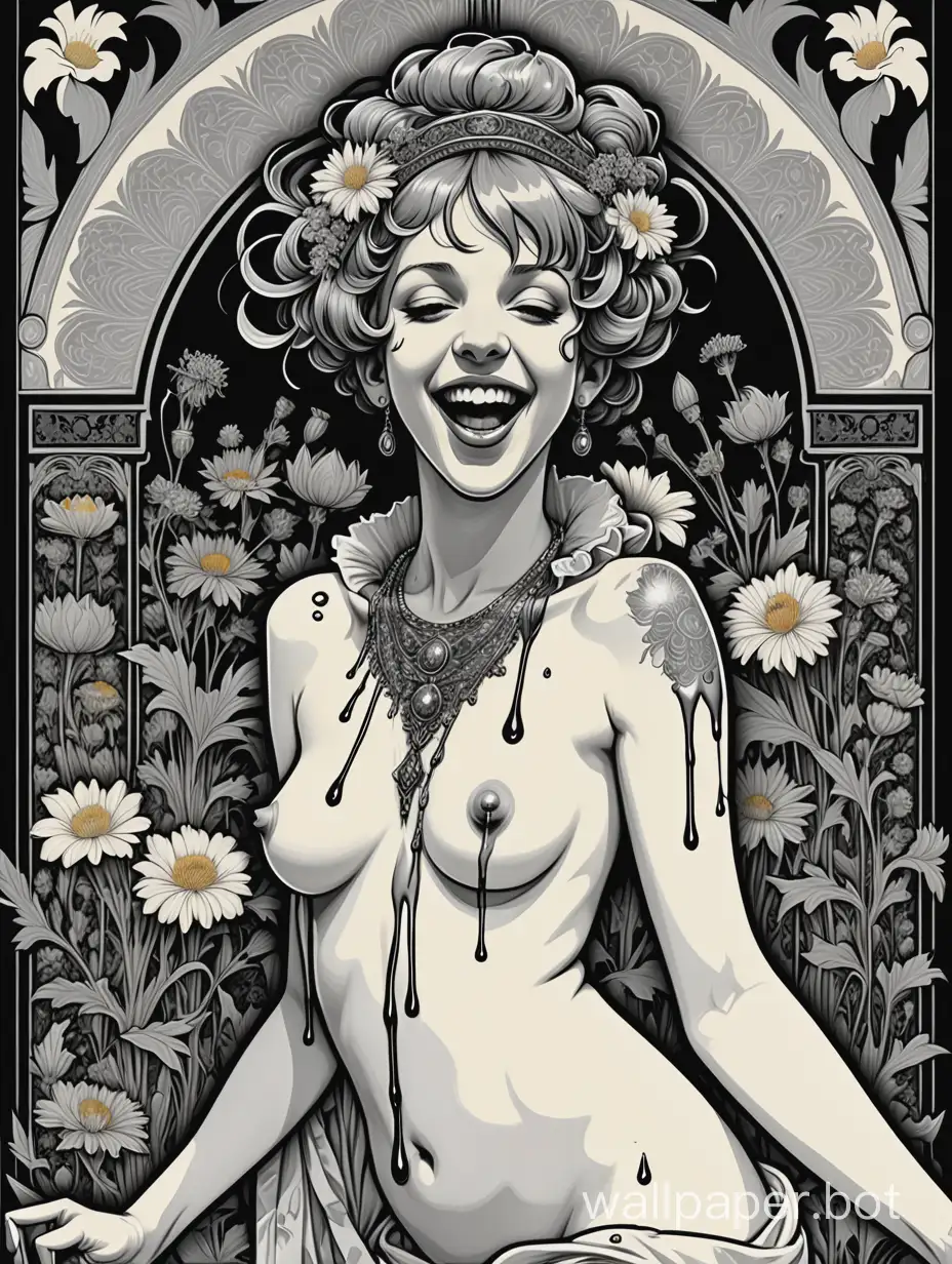 Punk Odalisque, gorgeous laughter, Scarface, symmetrical, Alphonse Mucha's poster, high-contrast paint dripping from wild flowers, William Morris's background, high-quality paper, hyper-detailed line drawings, black, gray, explosive fires, sticker art