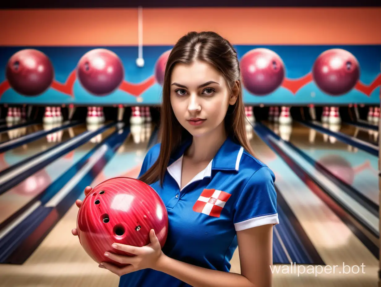 In the background are bowling alley lanes. In the foreground holding a bowling ball and wearing a team shirt is a gorgeous young petite Croatian woman, realistic detail, sharp image