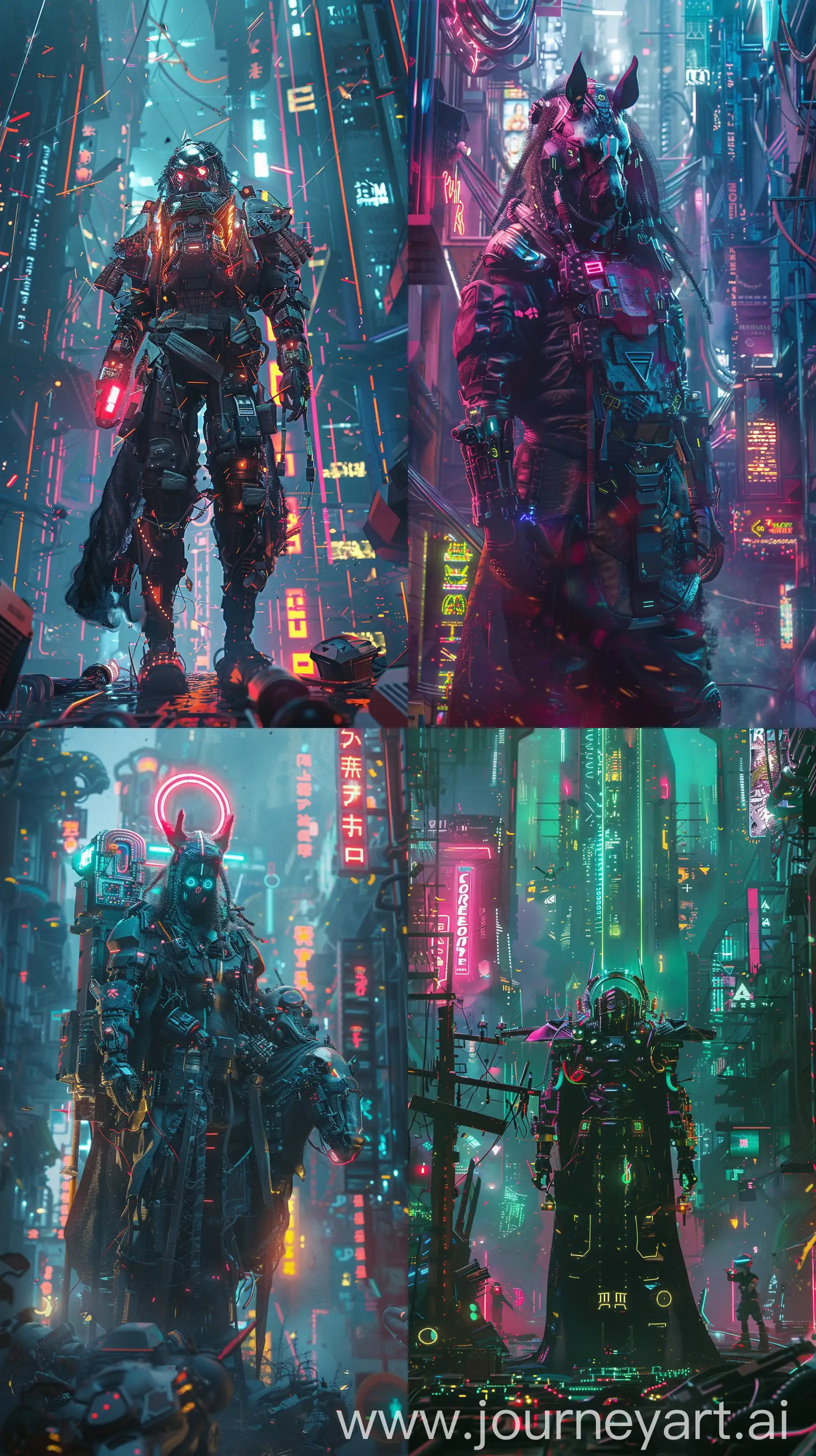 Envision a cyberpunk rendition of a Horseman of the Apocalypse, complete with neon lights, futuristic armor, and cybernetic enhancements. The character should exude a sense of dystopian authority, surrounded by a high-tech cityscape rife with digital decay and anarchy that symbolizes their realm. Render this scene in 8K UHD with an abundance of maximalist details, perfect for a phone wallpaper . --ar 9:16