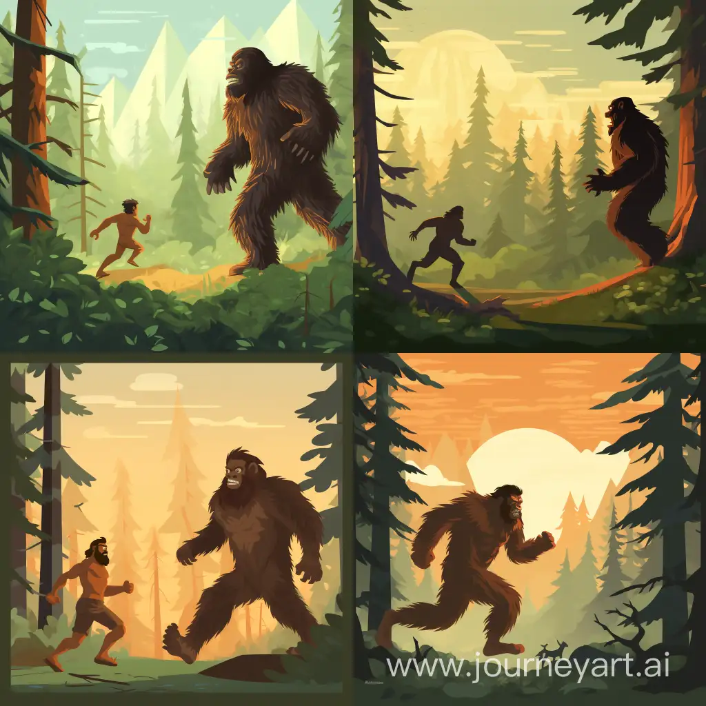 2D flat illustration of a bigfoot chasing s man in the forest