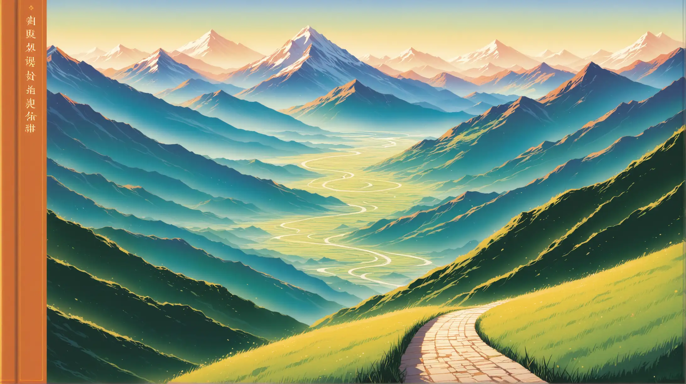 book cover, pathway winding from right edge, to a distant mountain range in background at top of cover.
