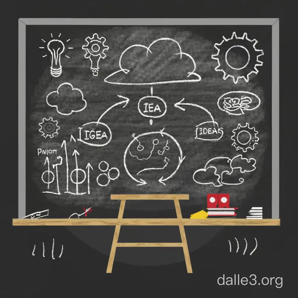 Create a drawing of a blackboard. On the blackboard there are flow diagrams, clouds with ideas, and diagrams. Make the style similar to a colorful cartoon 