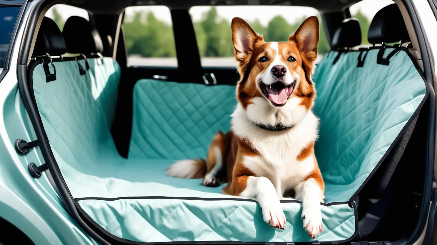 a happy dog traveling at the rear seat of a car with rear seat cover. Dominant colors shall be light sky bluish, mint, white