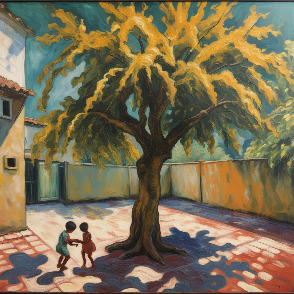 دو بسر بچه در حال بازی در حیاط بالای درخت گردو
نقاشی اکسبرسیونیست