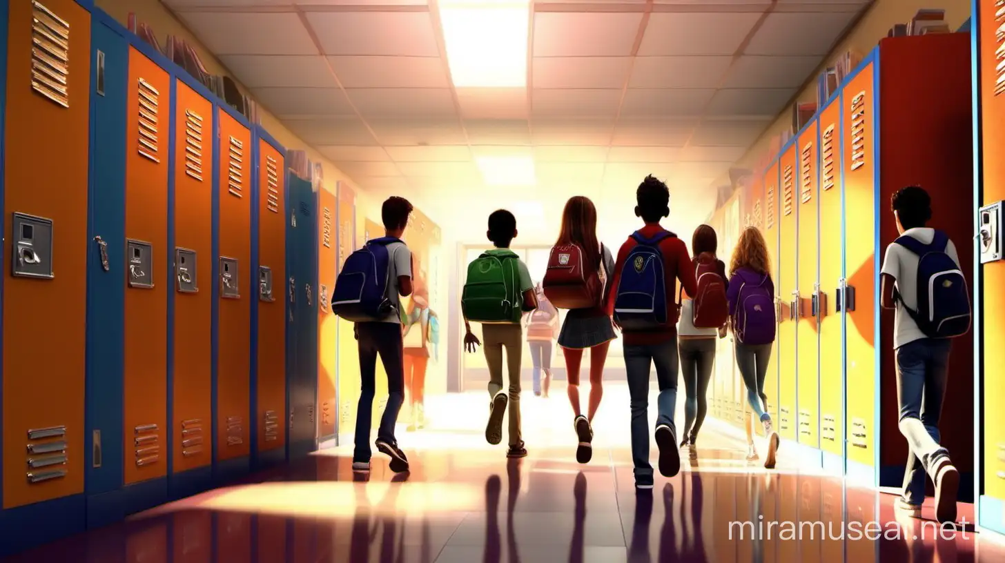create a  image of a  busy  high school hallway where some  students are standing against the locker  readng a book, some students are opening  their locker to get book out of it, and some students walk into the classroom and there are some students walking to and fro.
 illumination, Disney- Pixar style illustration 3-D Animation, 4k