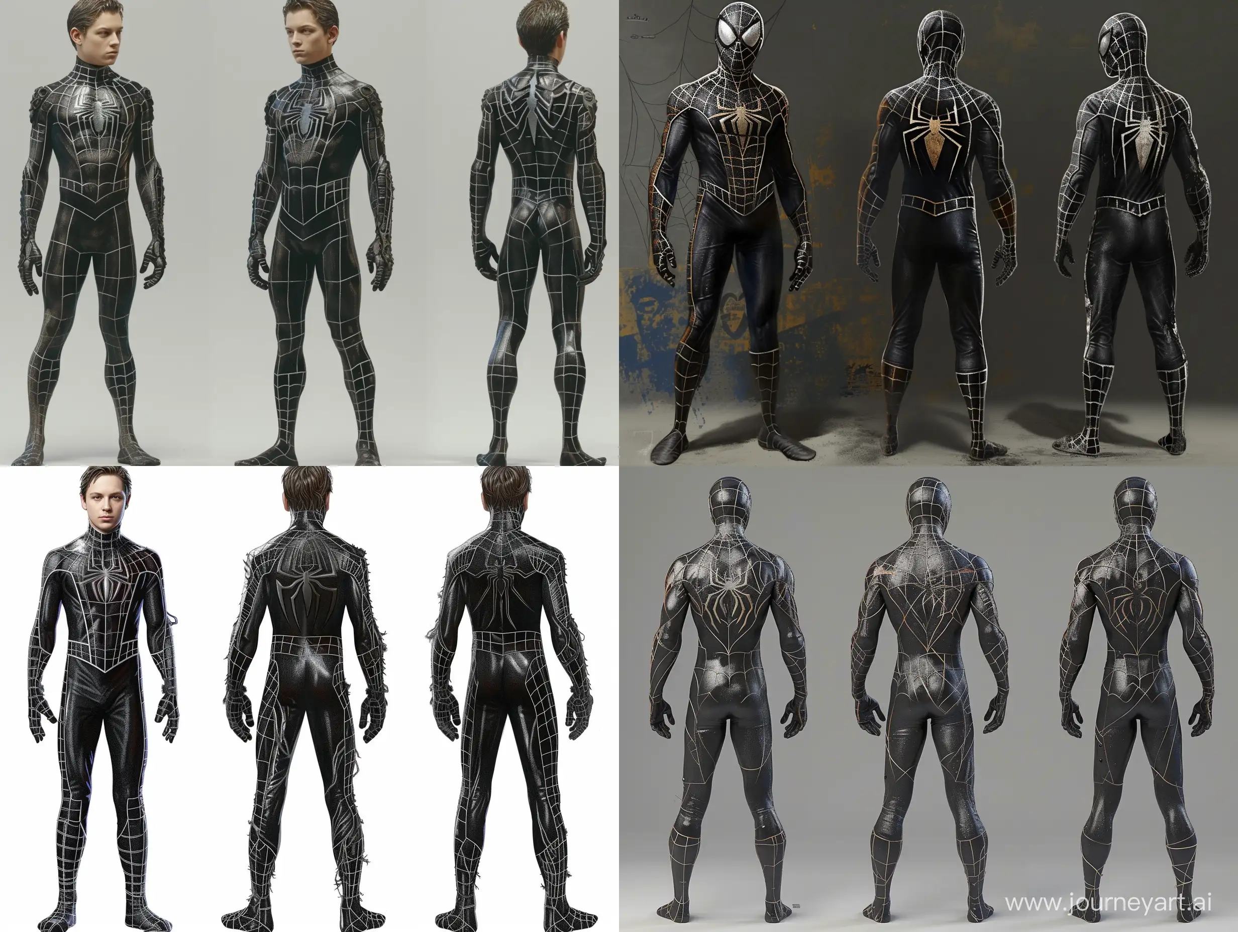 Tobey Maguire black spiderman costume, symbiote costume concept art, Tobey Maguire full body Front Back and side view --v 6 --ar 4:3 --no 91301