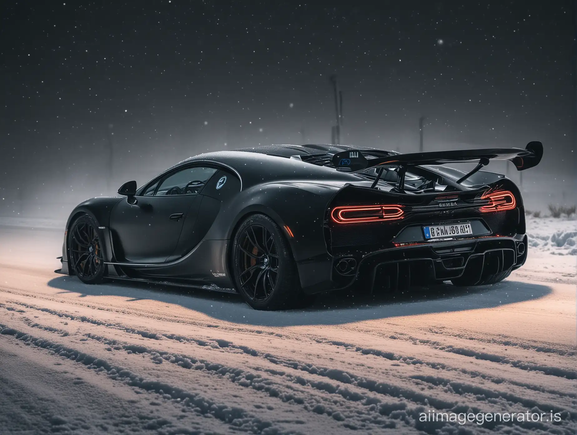 CREATE A SPORT CONCEPT TUNED CAR WITH THE NAME ON THE NUMBER PLATE :BOO89ED: FROM  BUGATTI  CHIRON MCLAREN P1 koenigsegg DRIVING AT NIGHT DRIFTING DARK COLORS THE ROAD BLACK CARBON THE CAR COLOR darker make to  snow