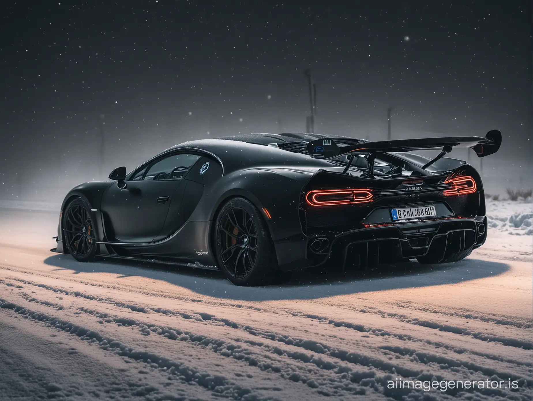 CREATE A SPORT CONCEPT TUNED CAR WITH THE NAME ON THE NUMBER PLATE :BOO89ED: FROM  BUGATTI  CHIRON MCLAREN P1 koenigsegg DRIVING AT NIGHT DRIFTING DARK COLORS THE ROAD BLACK CARBON THE CAR COLOR darker make to  snow 