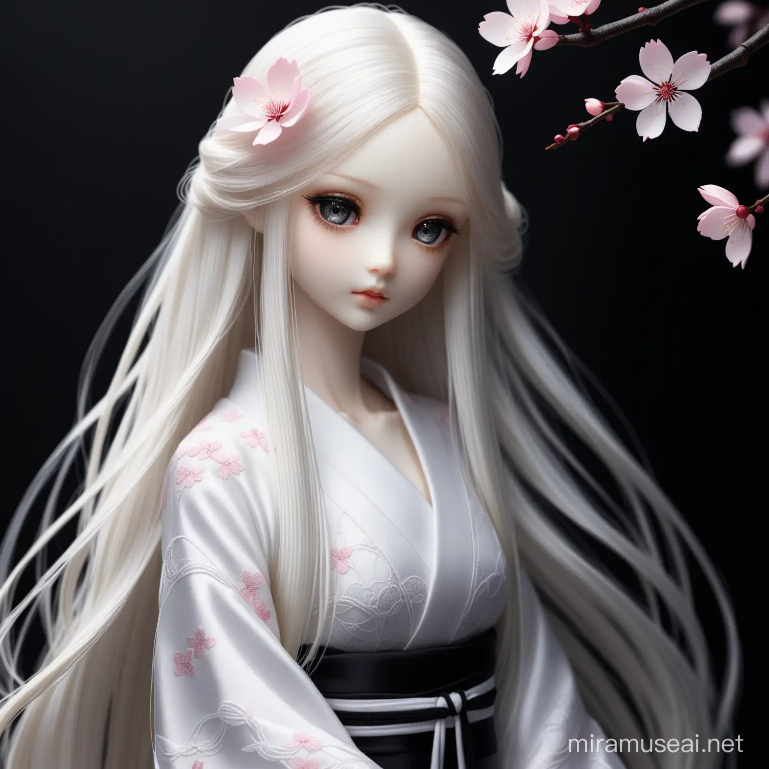 Hyperrealism Portrait of Jointed BJD Doll with Platinum Hair and Sakura Branch
