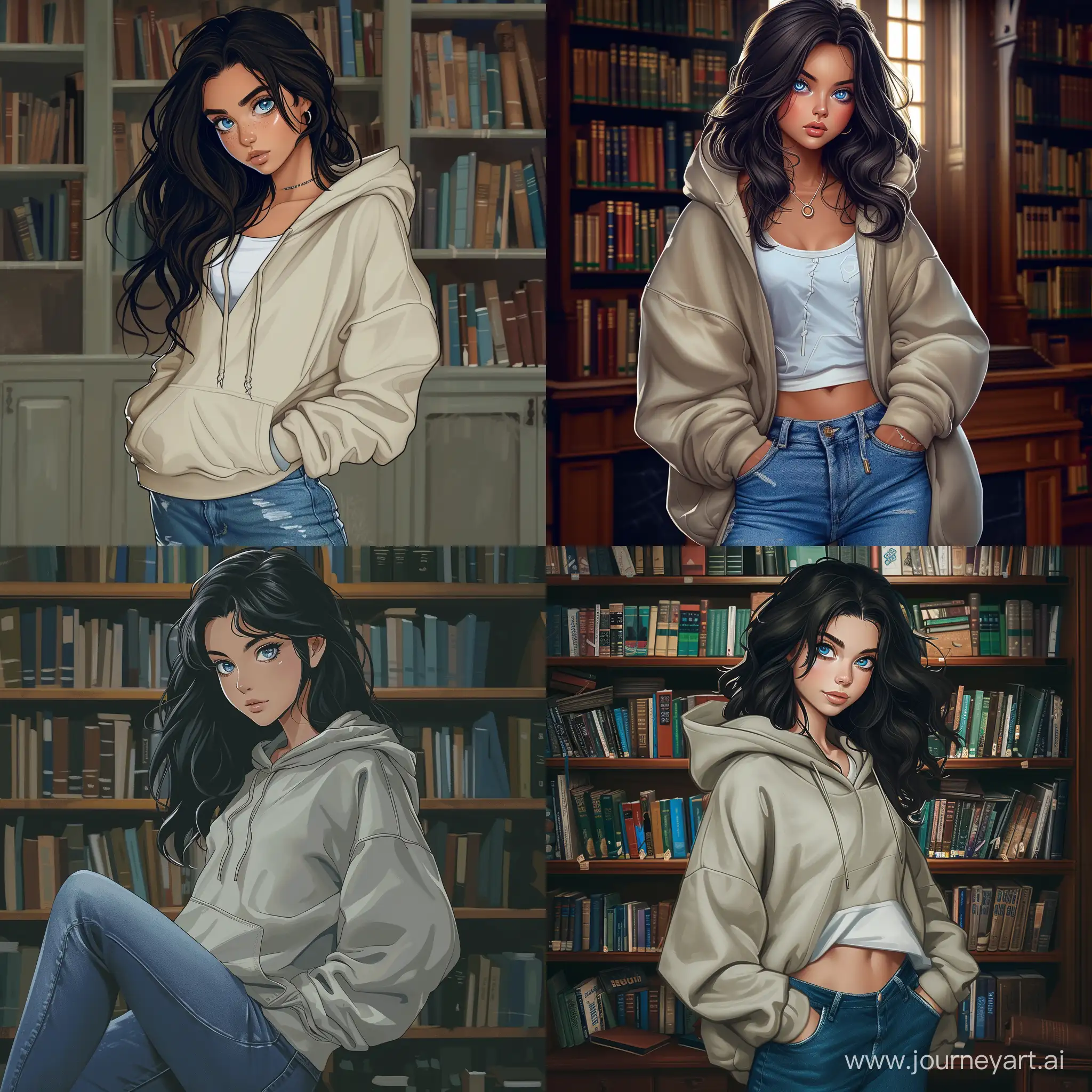 Beautiful girl, dark hair, blue eyes, white skin, teenager, 15 years old, in oversize hoodie and jeans, library, high quality, high detail, cartoon art