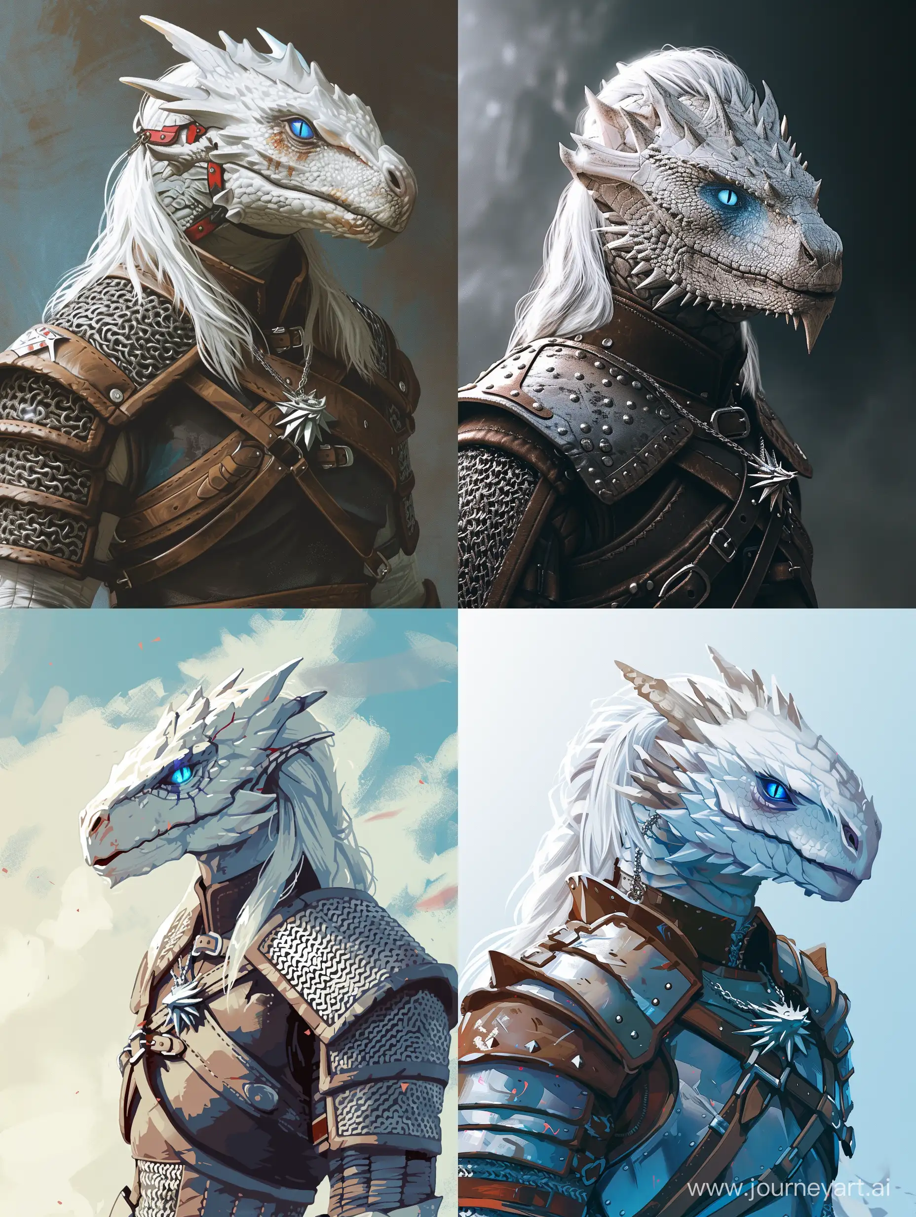 Пиксельный драконорожденный с белой головой дракона и синими глазами в броне Геральта из Ривии