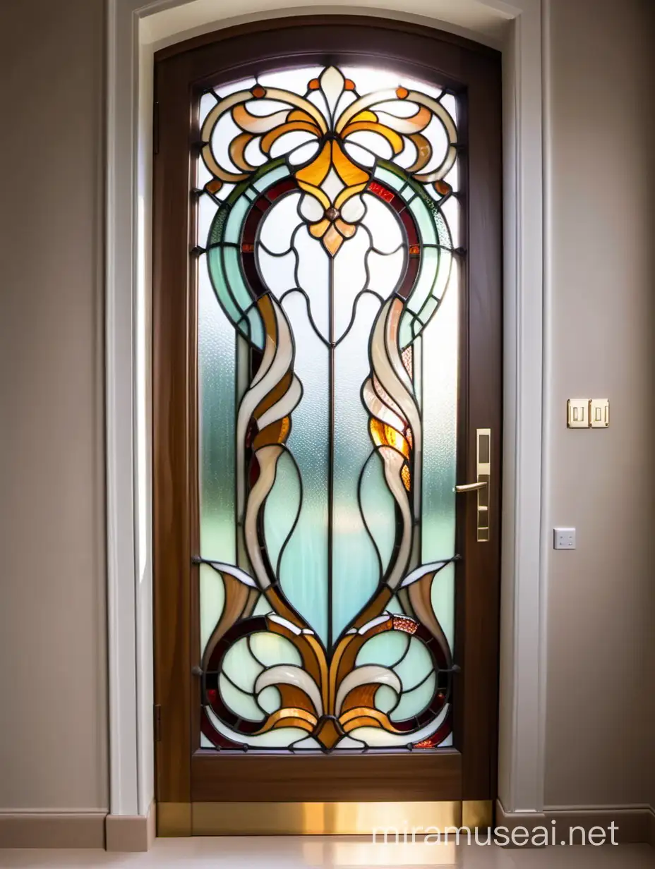 Art Nouveau Tiffany Stained Glass Door in Beige and White Kitchen Elegance