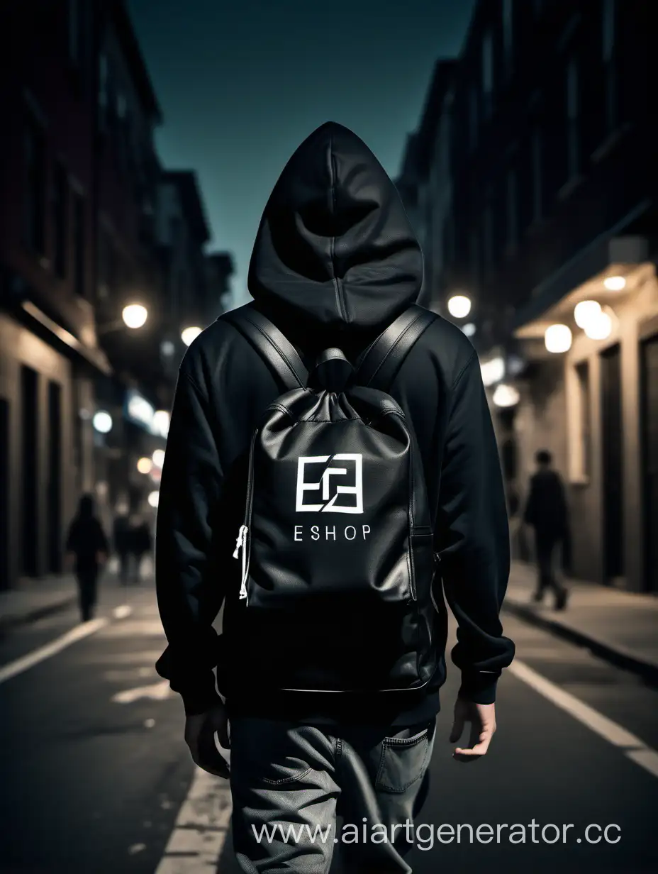 Urban-Night-Stroll-Hooded-Man-with-ESHOP-Logo-Backpack