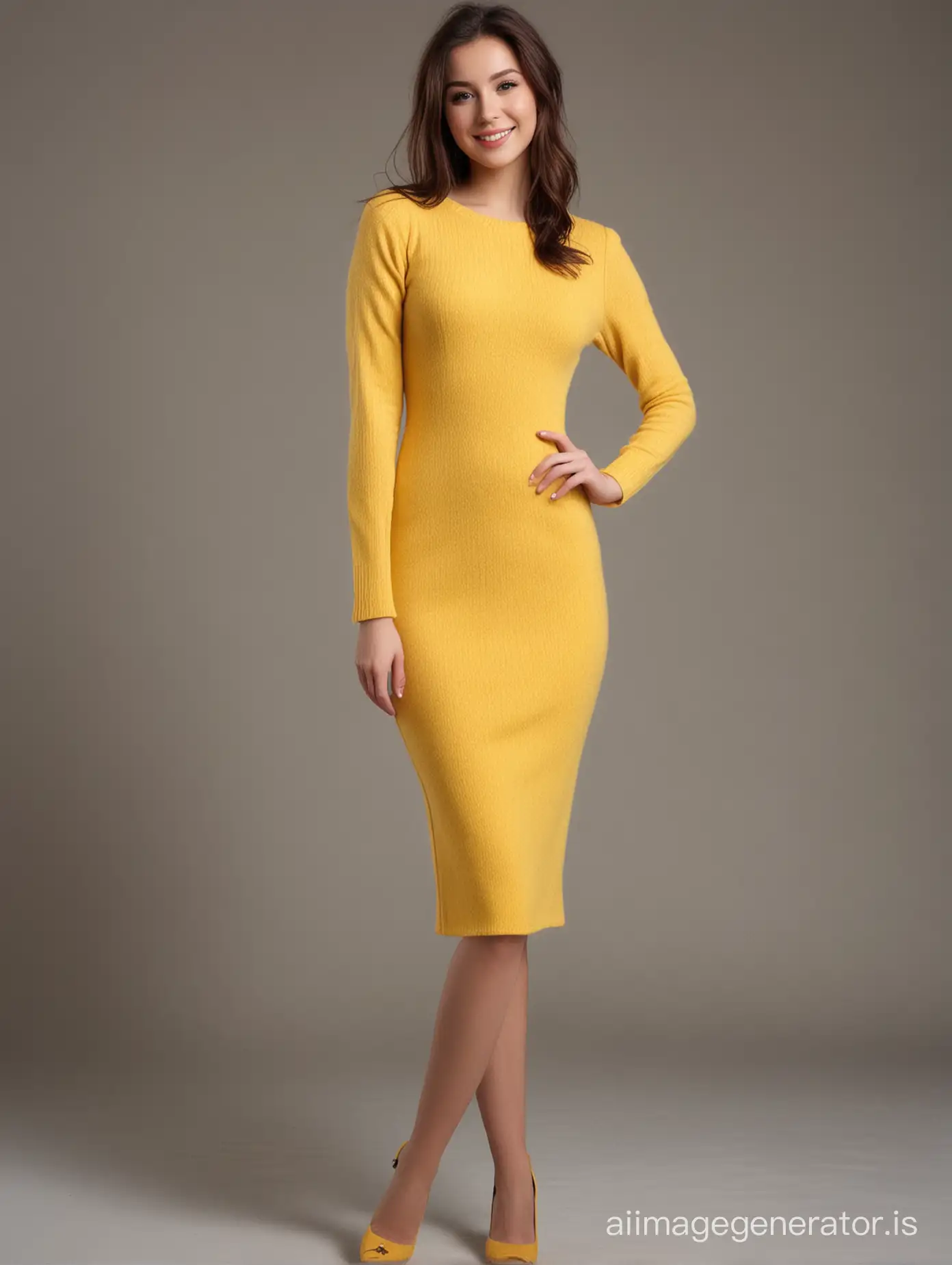 full body shot, full legs,full-length photography,full shot,  full body, full height ,the most beautiful girly in a long pencil dress posing for a picture, a long woolen dress, a yellow dress, outfit photo,  body complet, high detail product photo, attractive girl, fancy ,  cute , smiling seductively, elegant outfit,