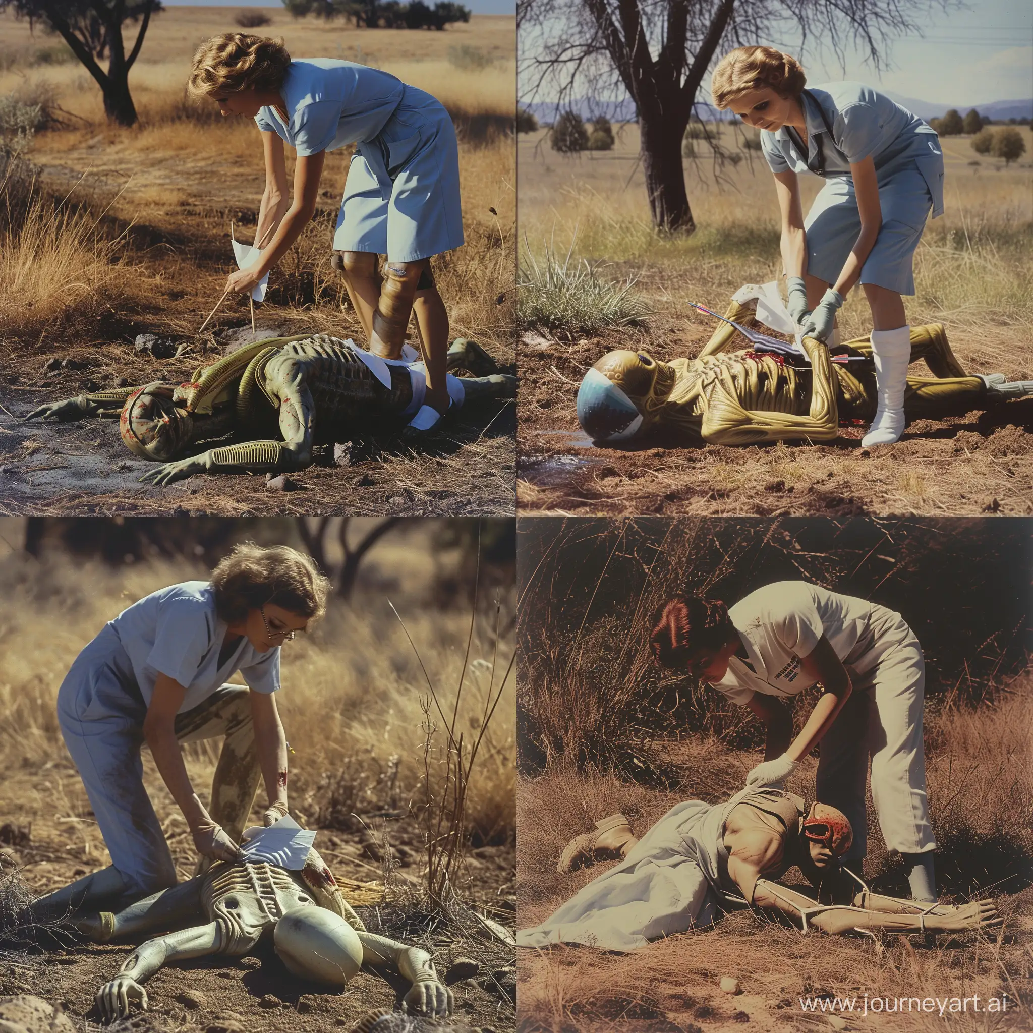 a nurse is bandaging an alien wounded by an arrow, he is lying on the ground, and she is bending over him, in the field.  hyperrealism, photo from the 80s.  Roswell.