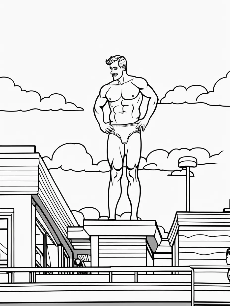Adult Coloring Book, man wearing underwear standing on the roof of a fast food restaurant in florida, black outline, high contrast
