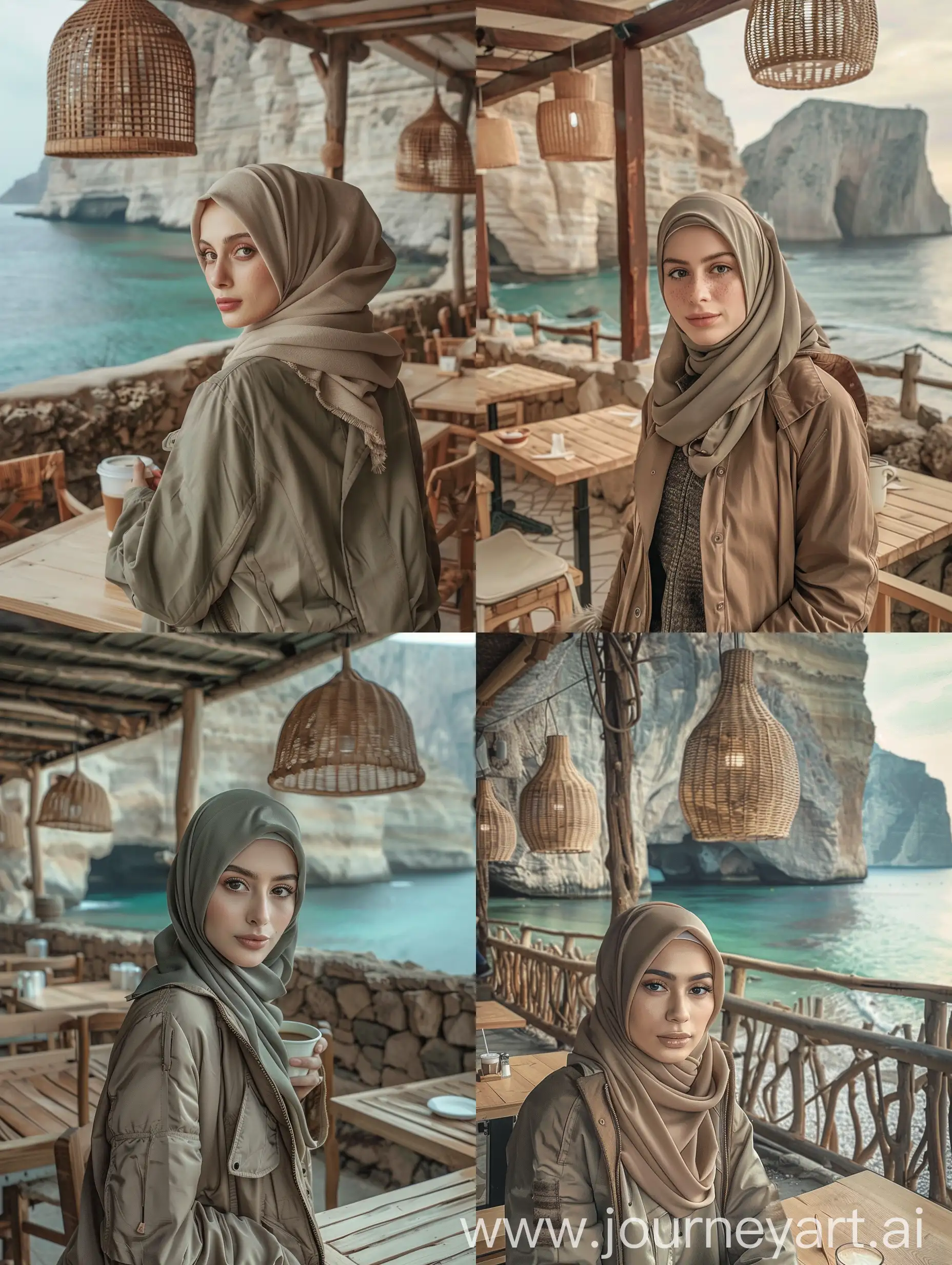 seorang wanita hijab cantik mengenakan jaket.berada di caffe yang berada di creta. wanita itu sedang ngopi.wajah harus jelas dan detail. pemandangan indah dari dalam tembok dari atas sebuah restoran atau kafe yang menghadap laut. Di latar belakang, terlihat tebing yang menjulang dan air laut yang tenang. Di dalam restoran, terdapat meja dan kursi kayu yang sudah disiapkan, dikelilingi oleh pagar batu rendah.lampu gantung terbuat dari anyaman rotan menghiasi ruangan.Foto asli.