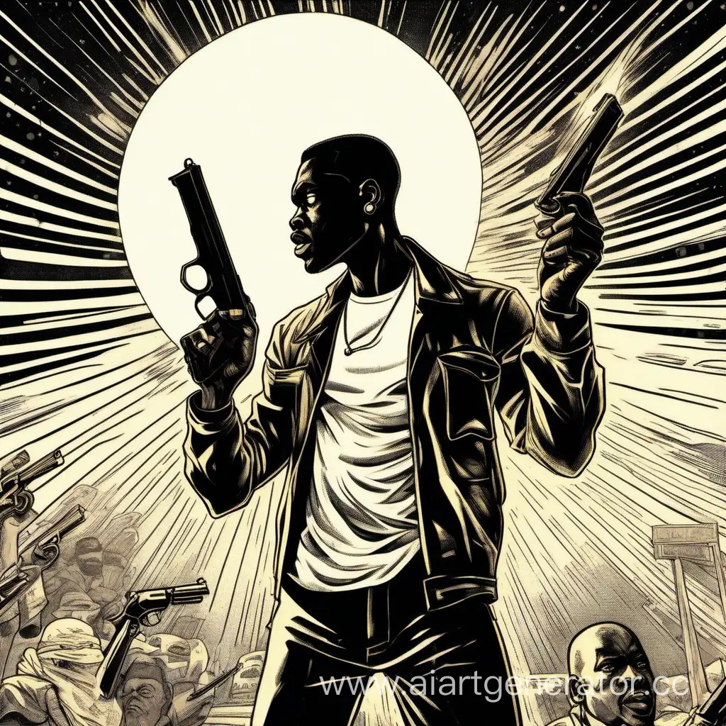 Черный человек держит банан в правой руке в левой руке у него пистолет который направлен на солнце в то же самое время у солнца в руках пистолеты направленые на человека
