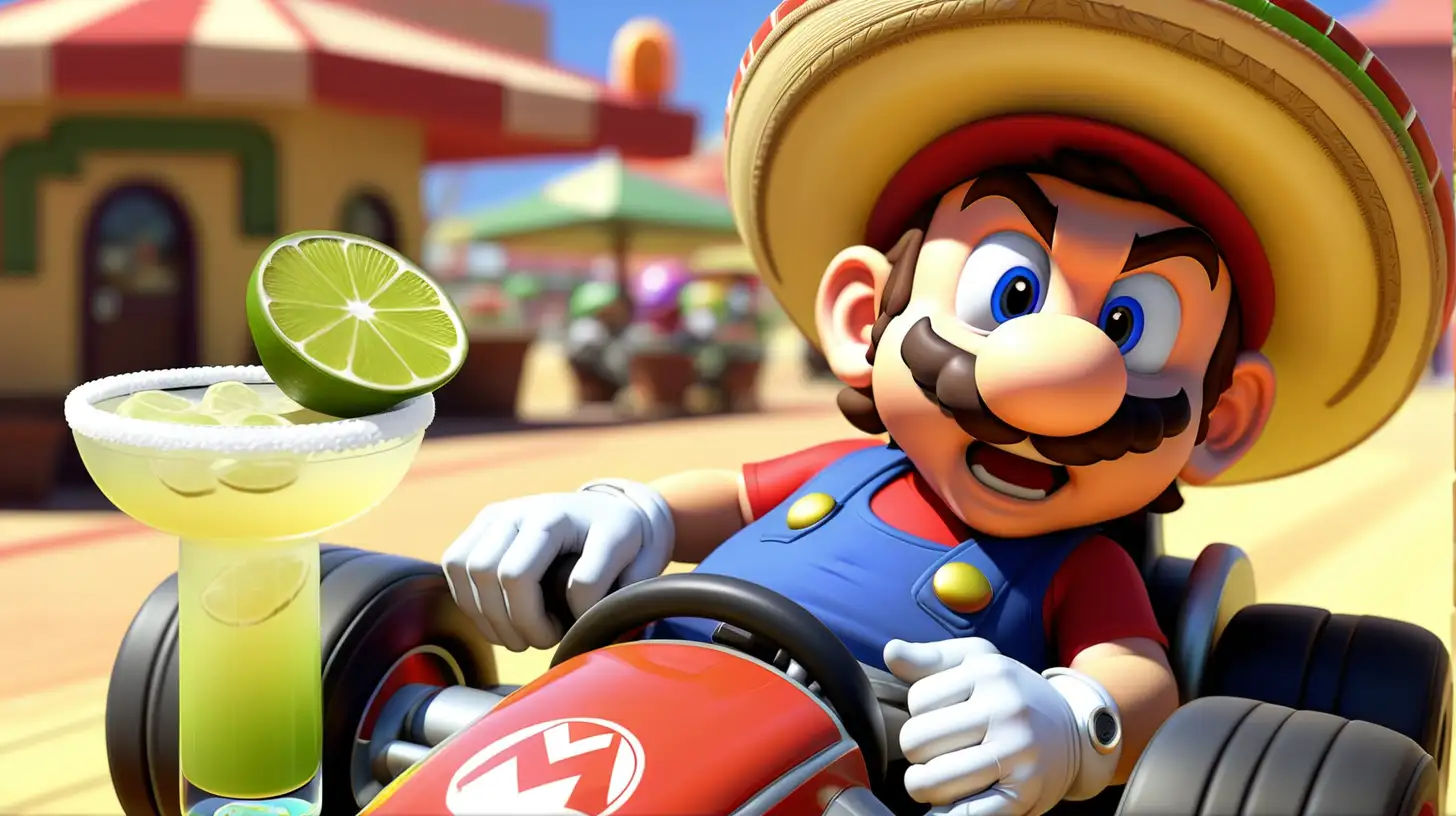 Mario Kart Character with Sombrero Enjoying a Margarita