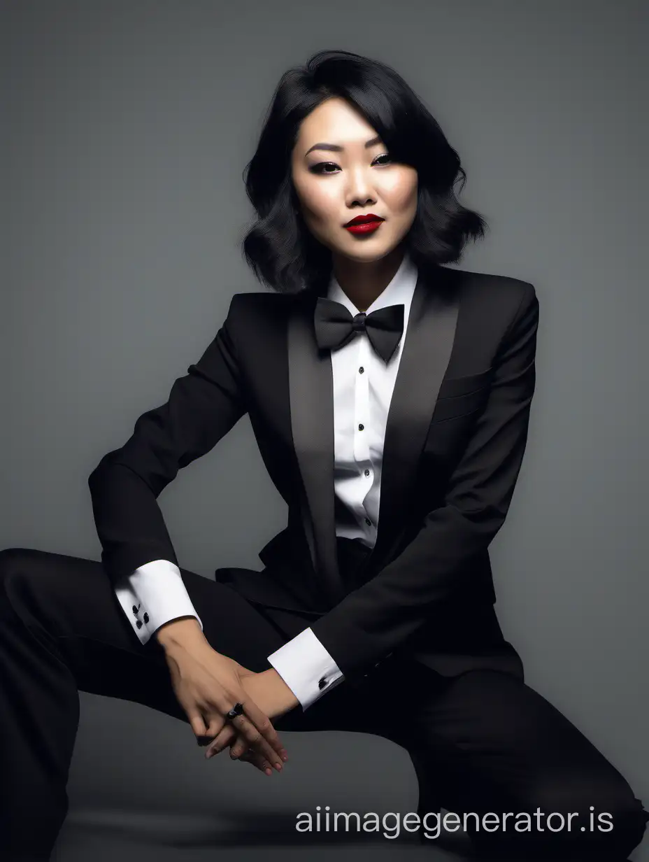 A beautiful  and joyous asian woman with shoulder length black hair, and lipstick, mid-twenties of age, is sitting on a couch in a dark room.  She is wearing a tuxedo with an open black jacket and black pants.  Her shirt is white with double french cuffs and a wing collar.  Her bowtie is black.   Her cufflinks are large and black.  She is wearing shiny black high heels. She is crossing her arms.