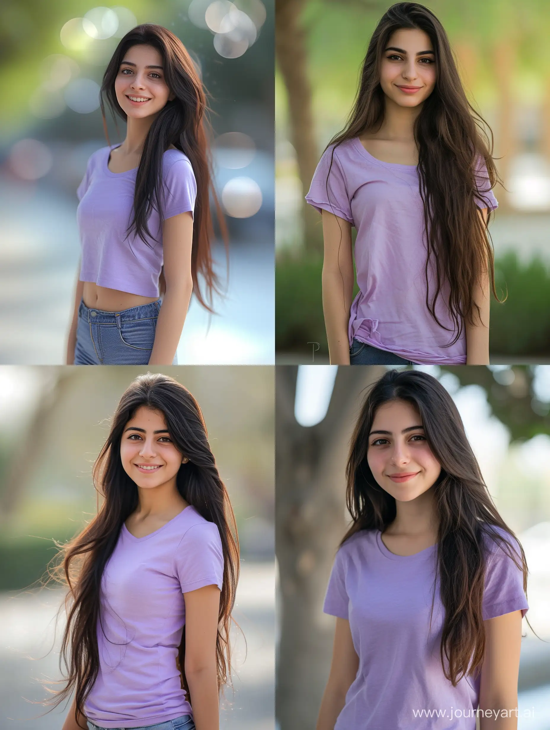 a pretty Iranian girl standing, she has dark brown long hair, hot lilac short shirt, happy face, blur background, ultra high detailed photo, full body pose photography,
