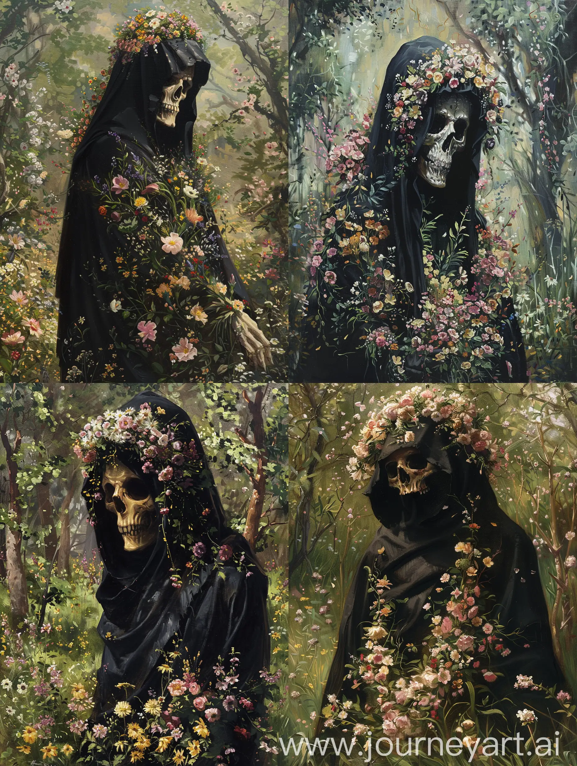 Lich-Covered-in-Spring-Flowers-Strolling-in-Floral-Glade-Dark-Fantasy-Art