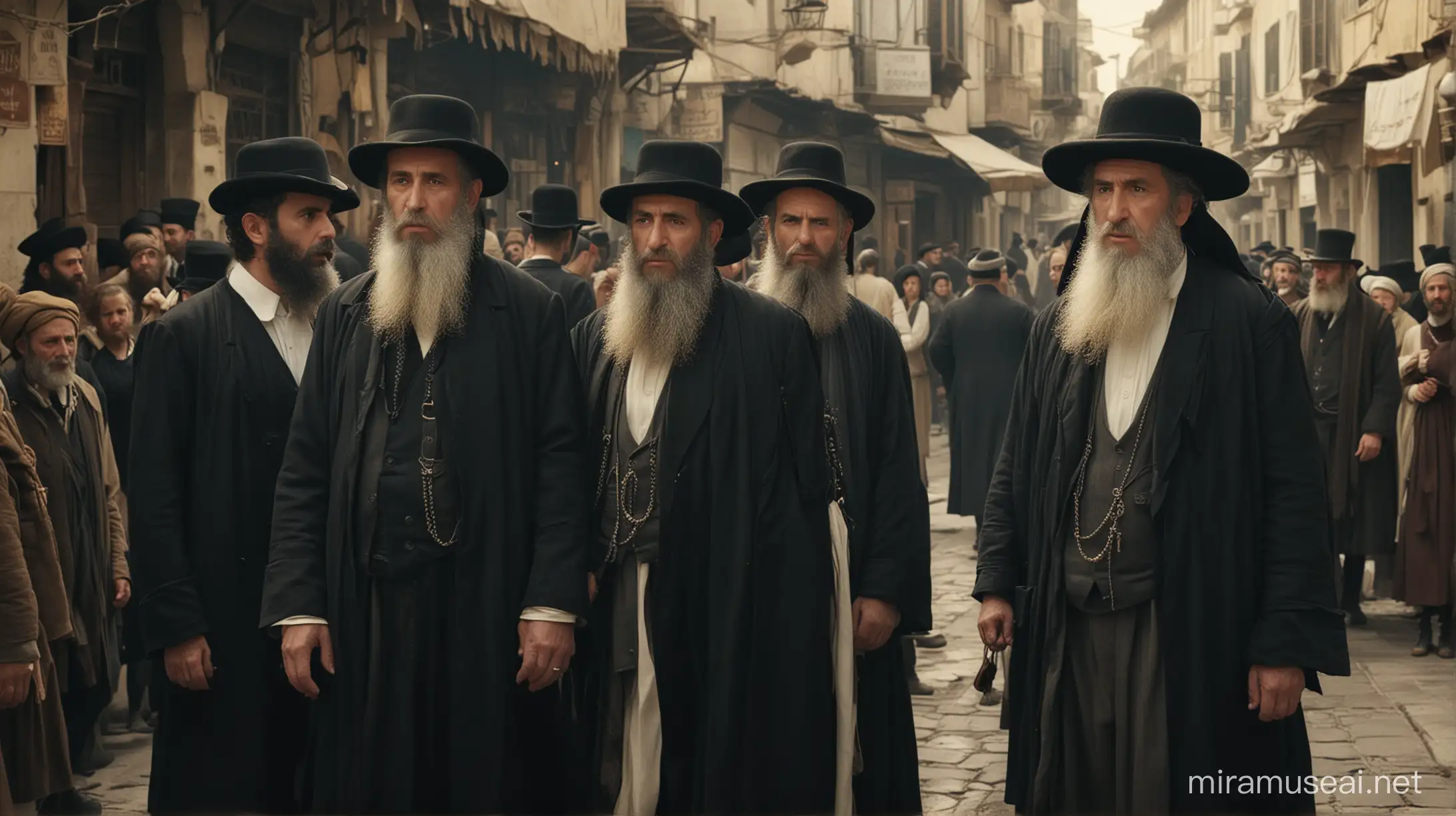 ultra-orthodox Jewish merchants, old, the clothing are ultra-orthodox jewish , 18th century, Greece, ultra-orthodox Jewish merchants are angry and they conspiracy in the turkish market, front, historical hyperrealistic cinematography