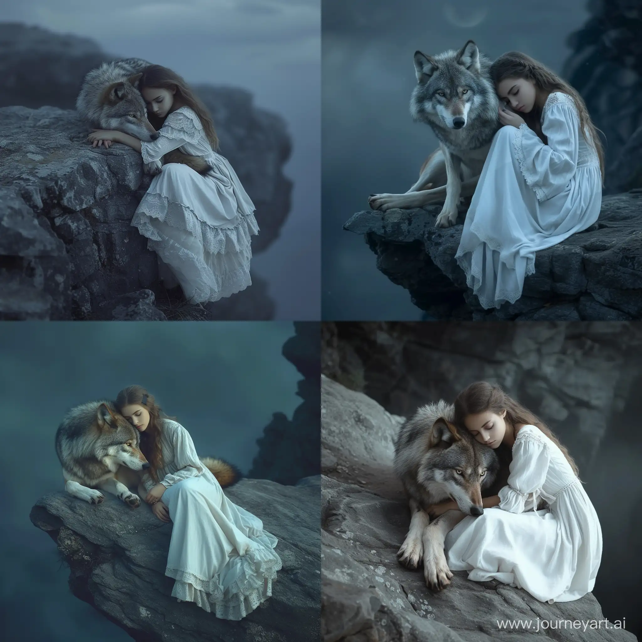 One wolf and a beautiful girl wearing white long dress, snuggling on the cliff, lonely, sad, cold night
