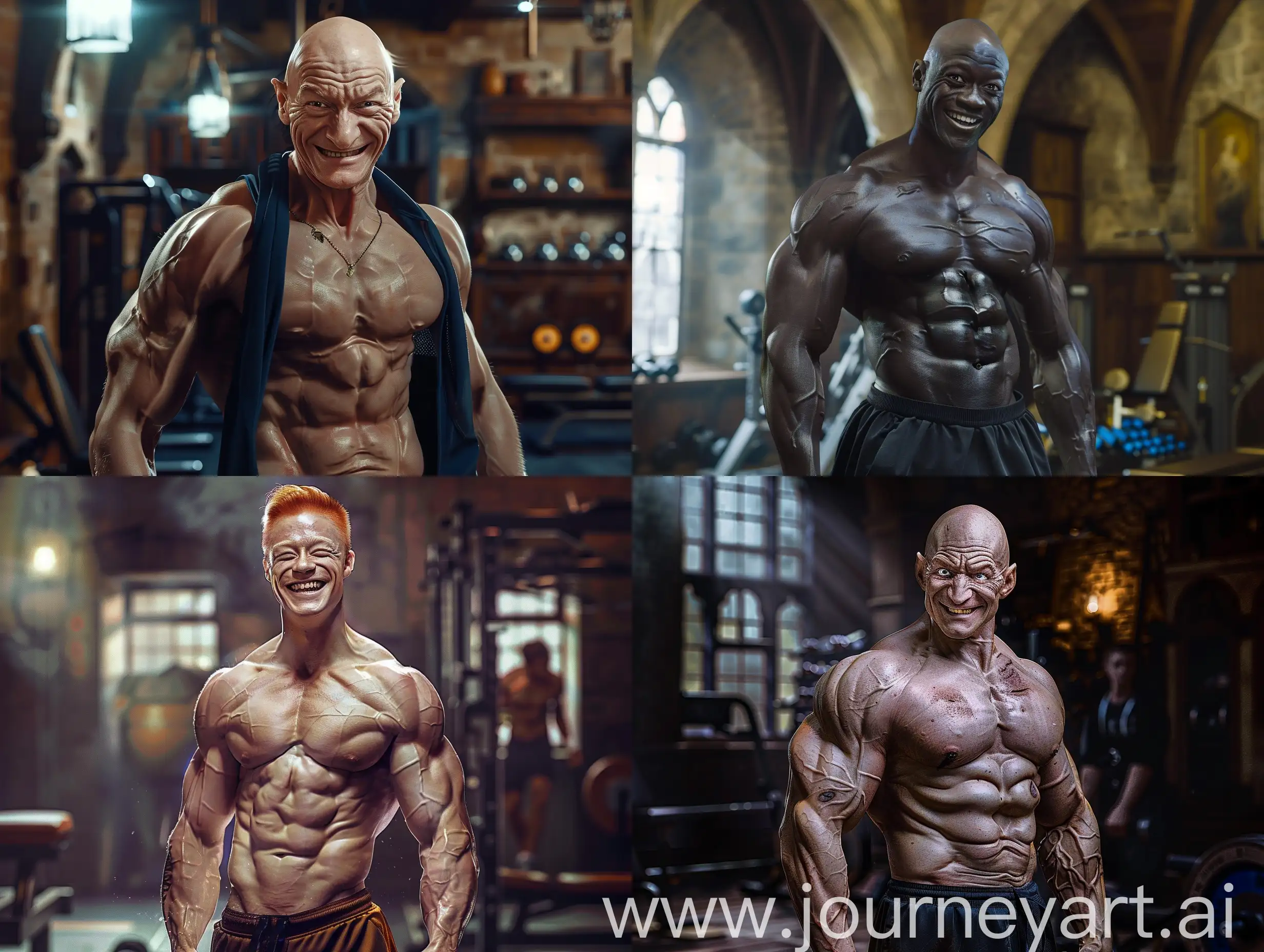Sirius character from Harry Potter with muscular body, in sportswear, exercising, while grinning, torso, looking at camera, wizards gym background, realistic, cinematic lighting, q2