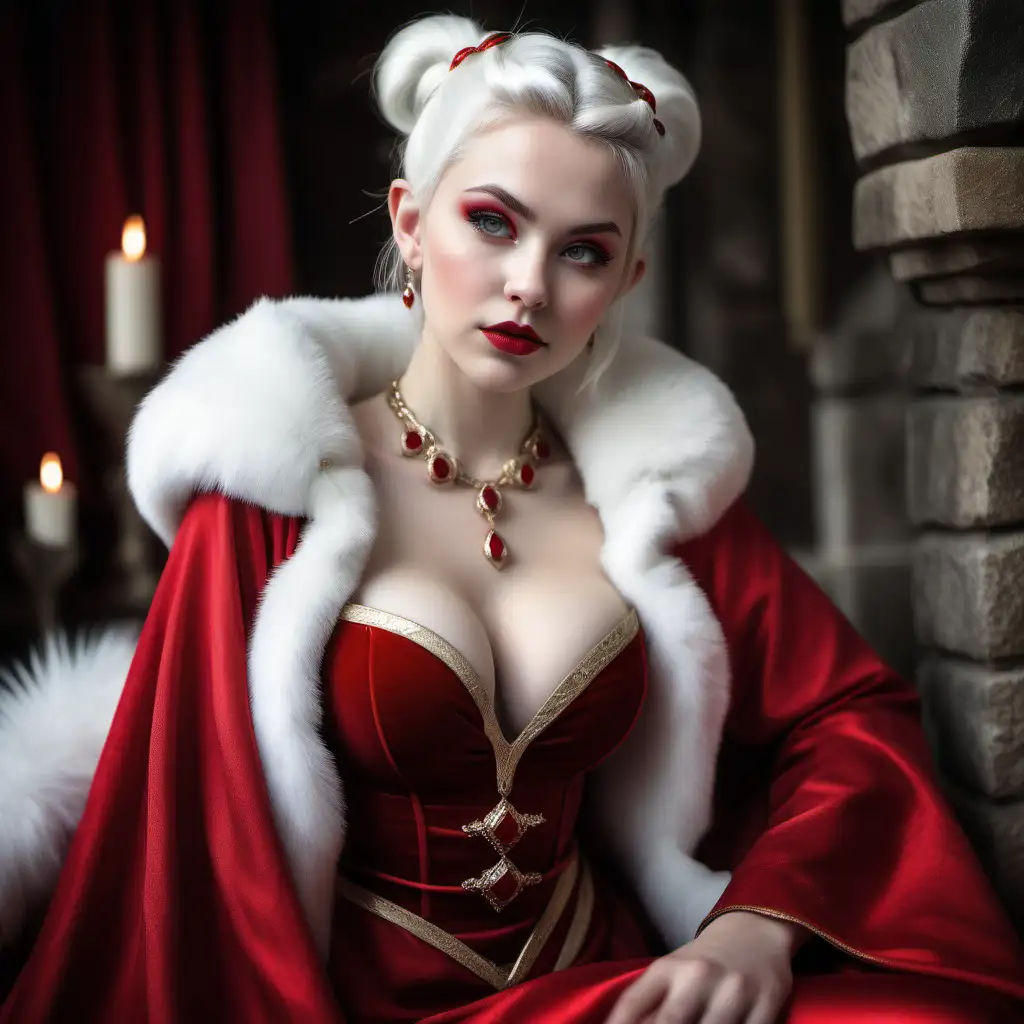 Beautiful voluptuous elf princess, age 22 years, snow white hair in a tight bun, pointy ears, pale flawless skin, serene expression, red silk cloak with white fur lining, red dress, red silk gloves, red lipstick, ruby necklace, ruby bracelets, ruby earrings, medieval fantasy, castle throne room, boudoir photography, hyper-detailed, hyper-realistic, closeup portrait