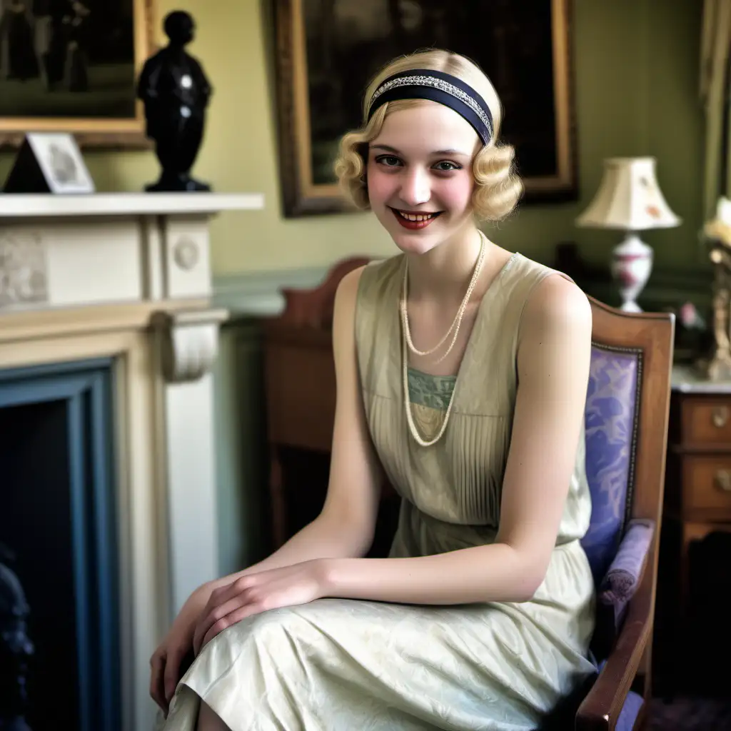 Elegant 1920s Lady with Wicked Smile in English Manor Drawing Room