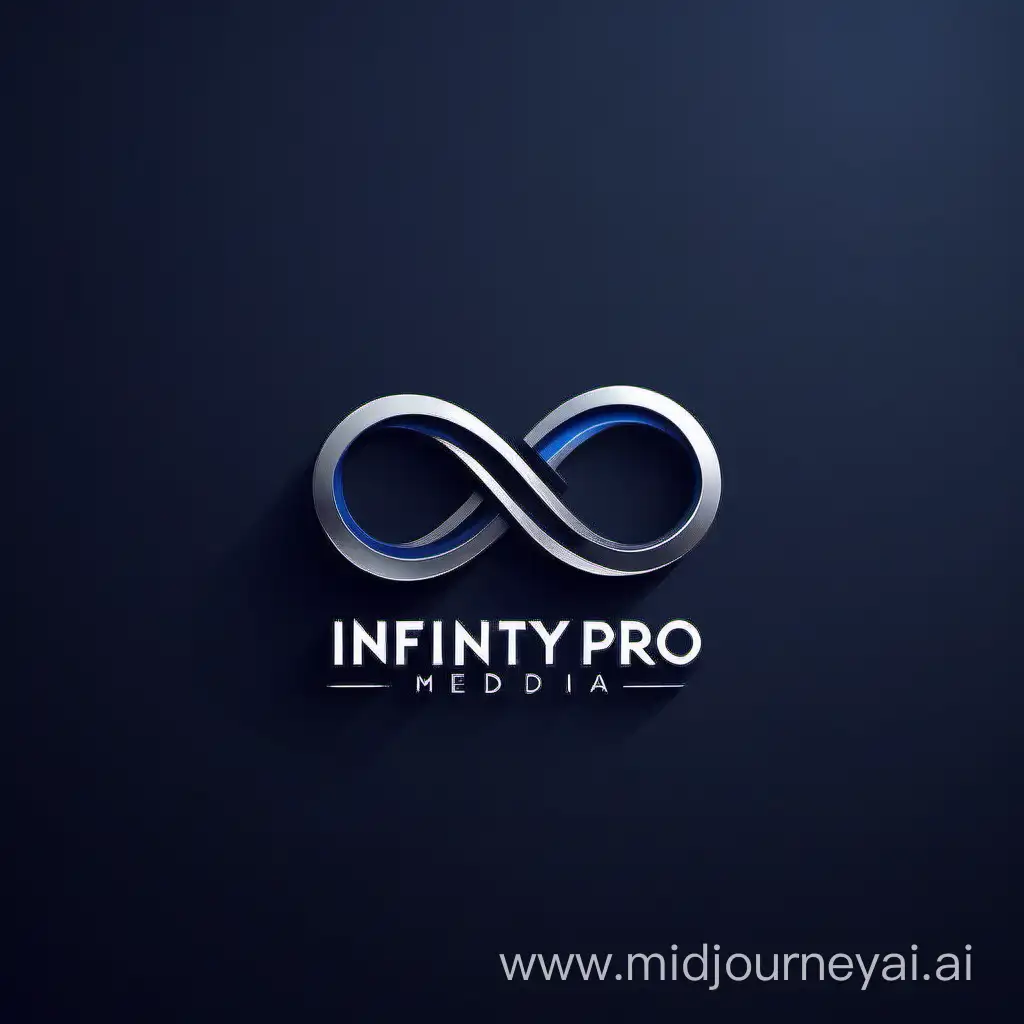 Create a modern and professional logo for a company named 'Infinity Pro Media'. The design should creatively incorporate a stylized infinity symbol. Use colors like dark blue, gray, silver, and black to convey innovation and technology. The style should be minimalist with clean lines and elegant typography. Include elements that symbolize digital media, such as a screen, pixels, or abstract geometric shapes. The logo should be versatile and scalable, functioning well in different sizes and formats. Add a touch of vibrant color to make it stand out, while maintaining a balance between creativity and simplicity to ensure it is memorable and easily recognizable. The background should be white to highlight the logo design.