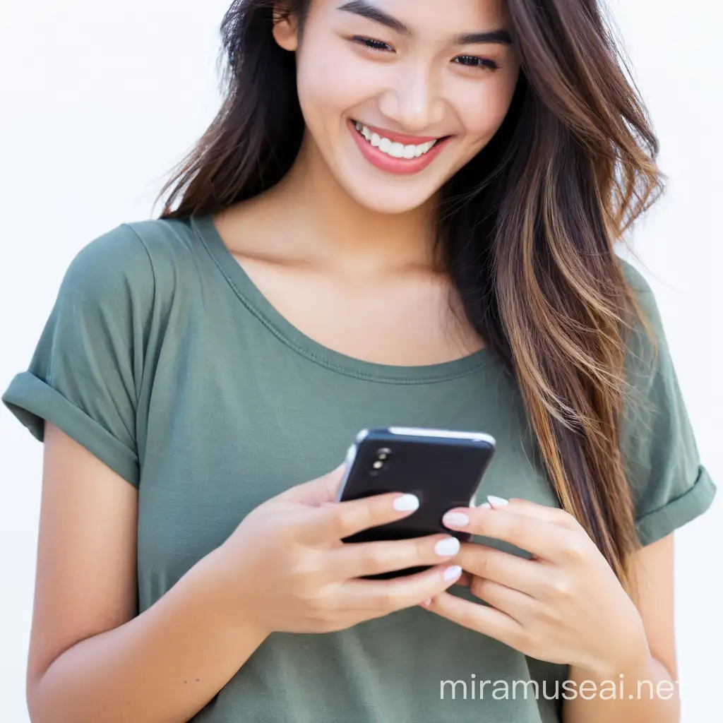 A USA girl with WAO expression, looking happy holding phone on her hand