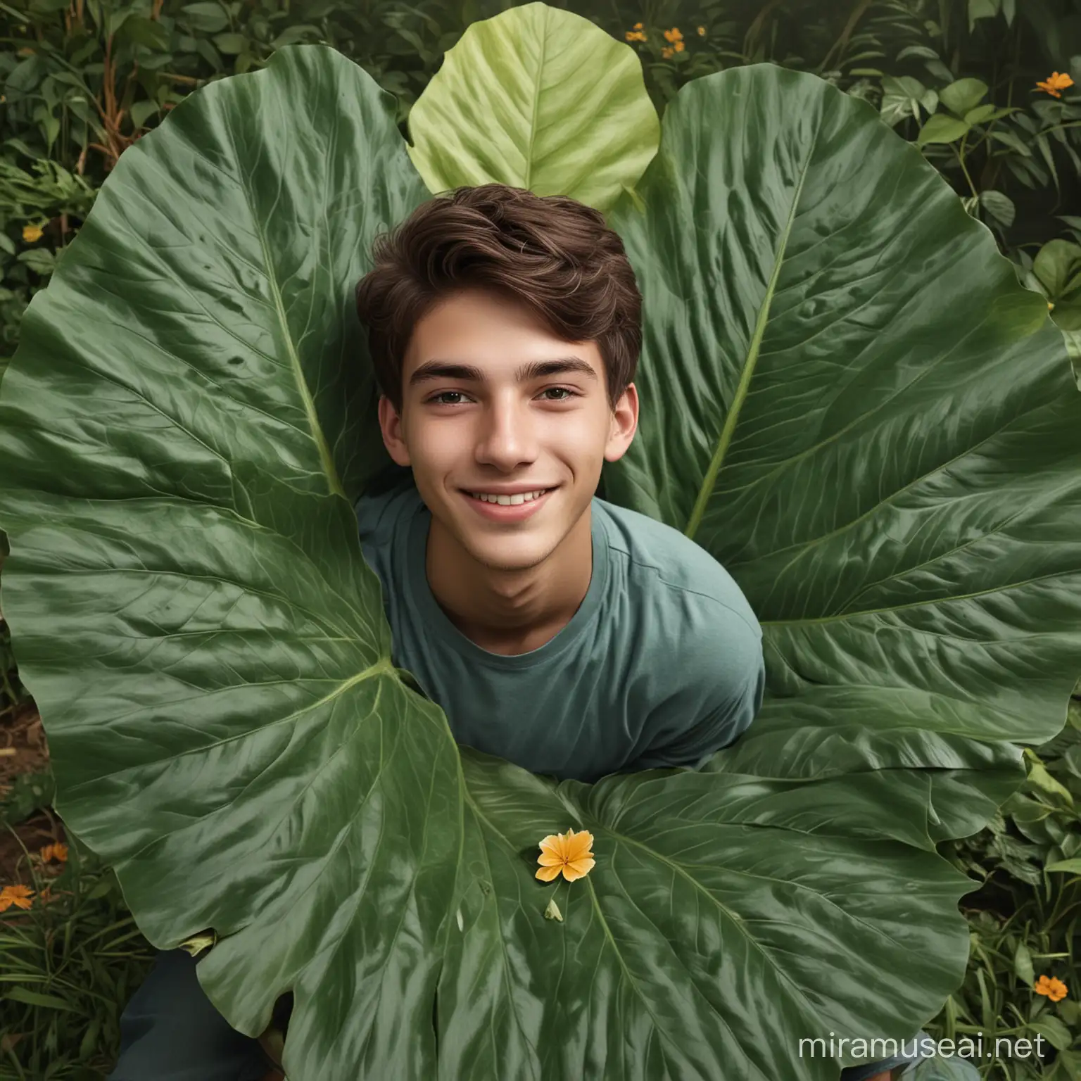 a handsome man, 18 years old, oval face, smiled shyly, sitting on a giant leaf and flower. Ultra Realistic