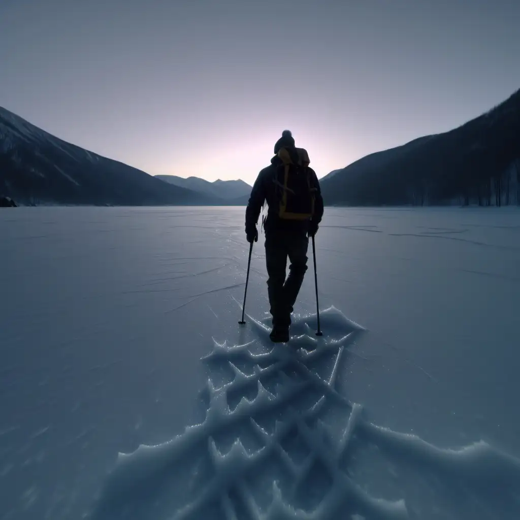 create hyped snow landscape with frozen lake, silhouette of bald hiking guy with beanie and backpack is slowly moving on the ice, twilight, 1080p resolution, ultra 4K, volumetric light, high quality