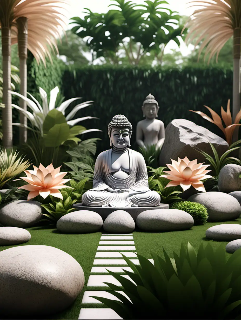 Generate a hyper realistic image of garden with an open lawn area. with A LARGE BUDDHA STATUE MOUNTED IN THE center of the LAWN and SURROUNDED BY BOULDERS AND TROPICAL PLANTS. Use white and peach color tones