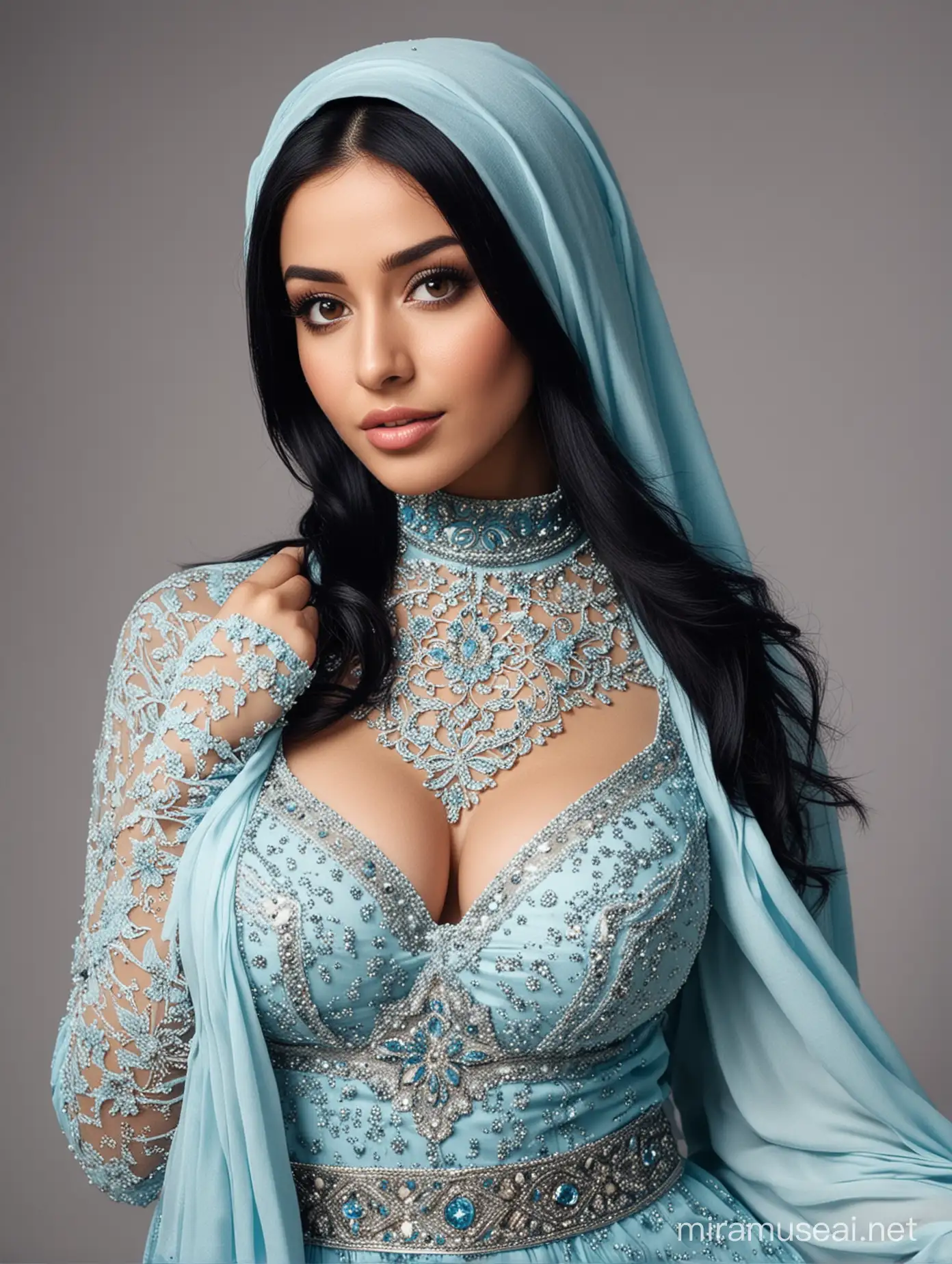 Photo of beautiful girl with hijab. A native of Dubai. With long black hair. Very large breasts. The dress is so blue and sexy. very fit