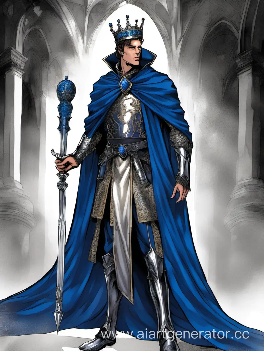 Говорящий князь, волосы до пояса, корона на голове синего цвета, плащ его серебристый, в руке булова, взгляд воинственный. 