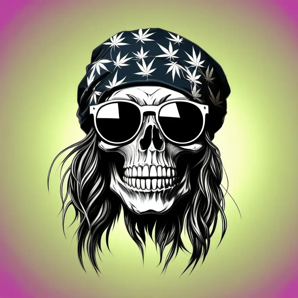 A detailed illustration a Dead Skull wearing trendy small round black rimmed shades , with weed leaf on bandana,   long hair, hippy, stoner, ,t-shirt design, t-shirt design, 3D vector art, 
cartoon effect ,Adobe Illustrator, hand-drawn, digital
painting, low-poly, soft lighting, retro aesthetic, focused on
the character, 4K resolution, photorealistic rendering, using Cinema 4D --s 750 --style raw
