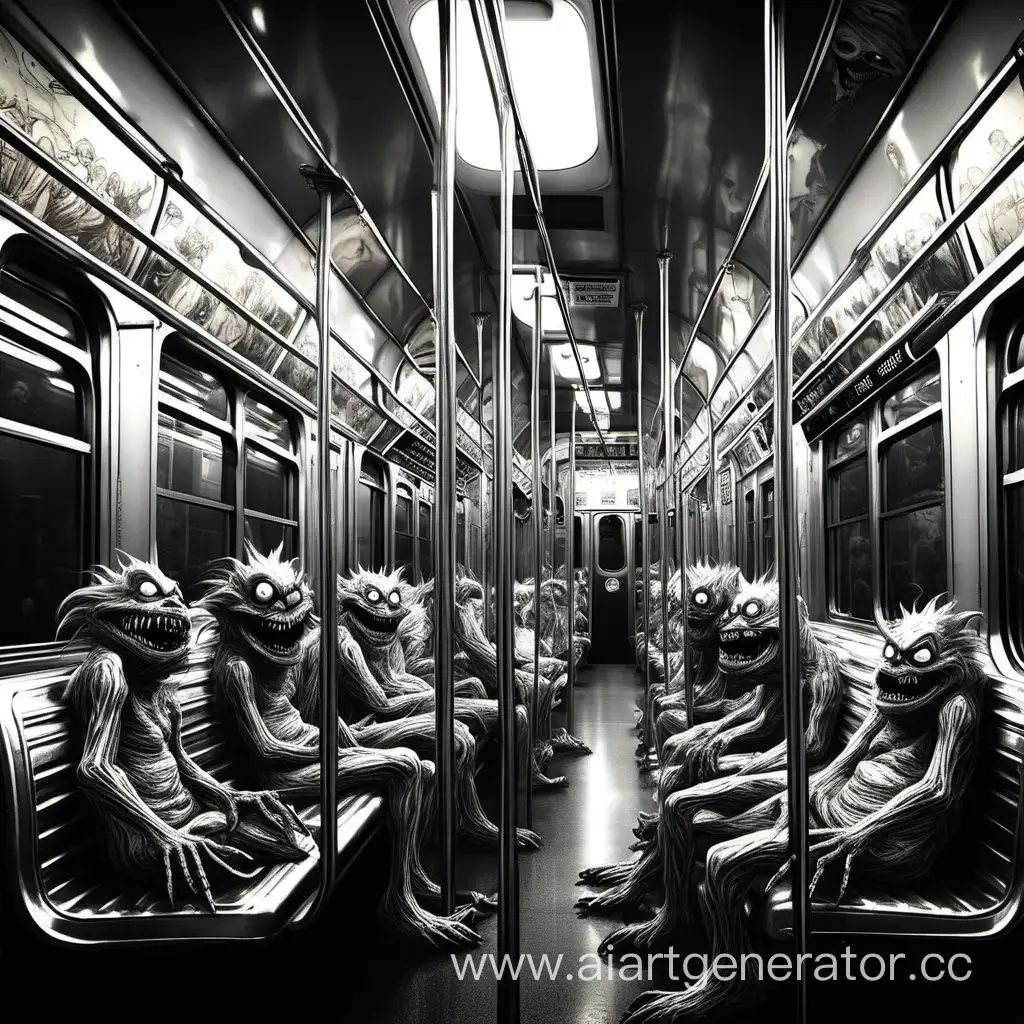 в бесконечном вагоне метро сидят страшные монстры и смеются