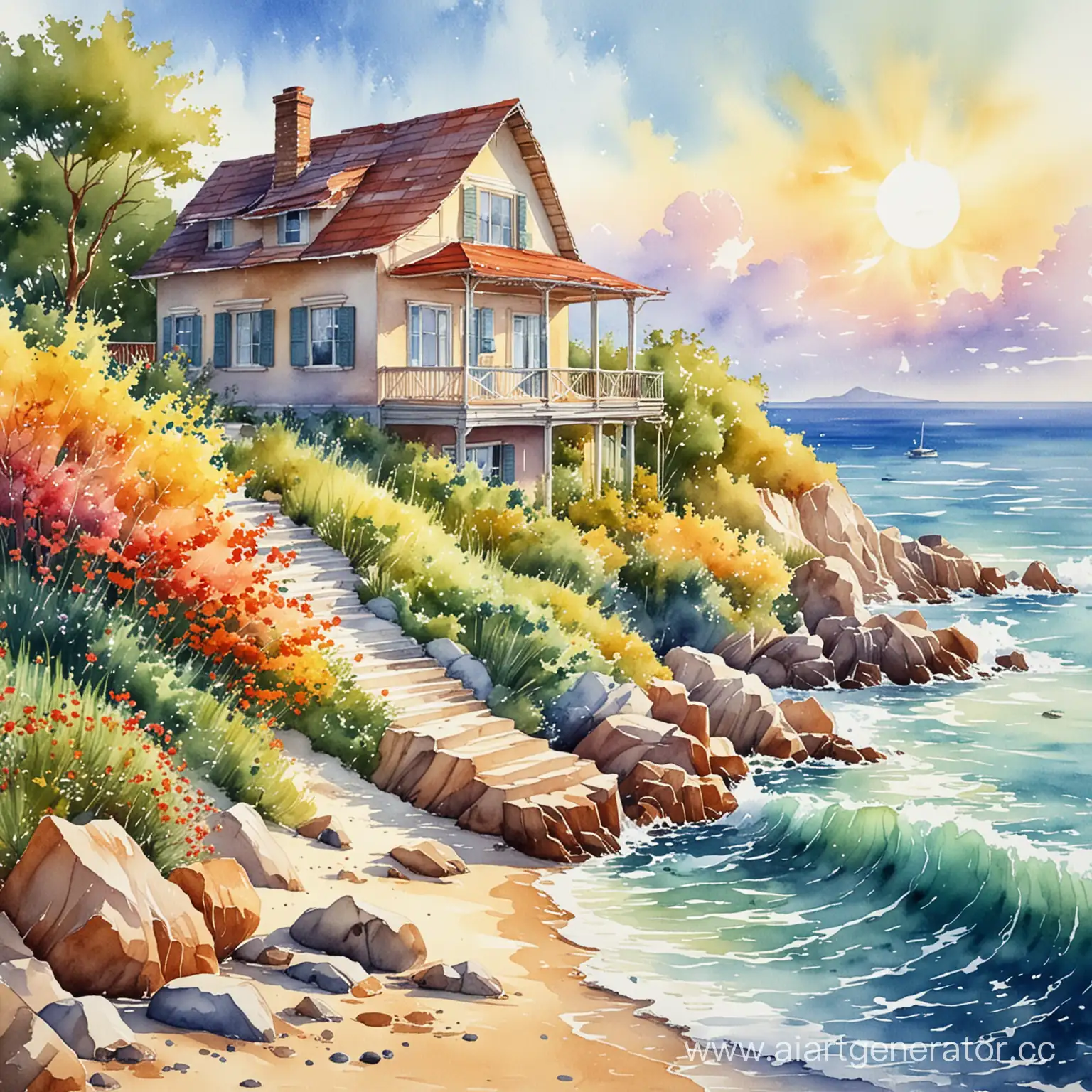 домик у моря, красивая природа, солнце радость акварелью