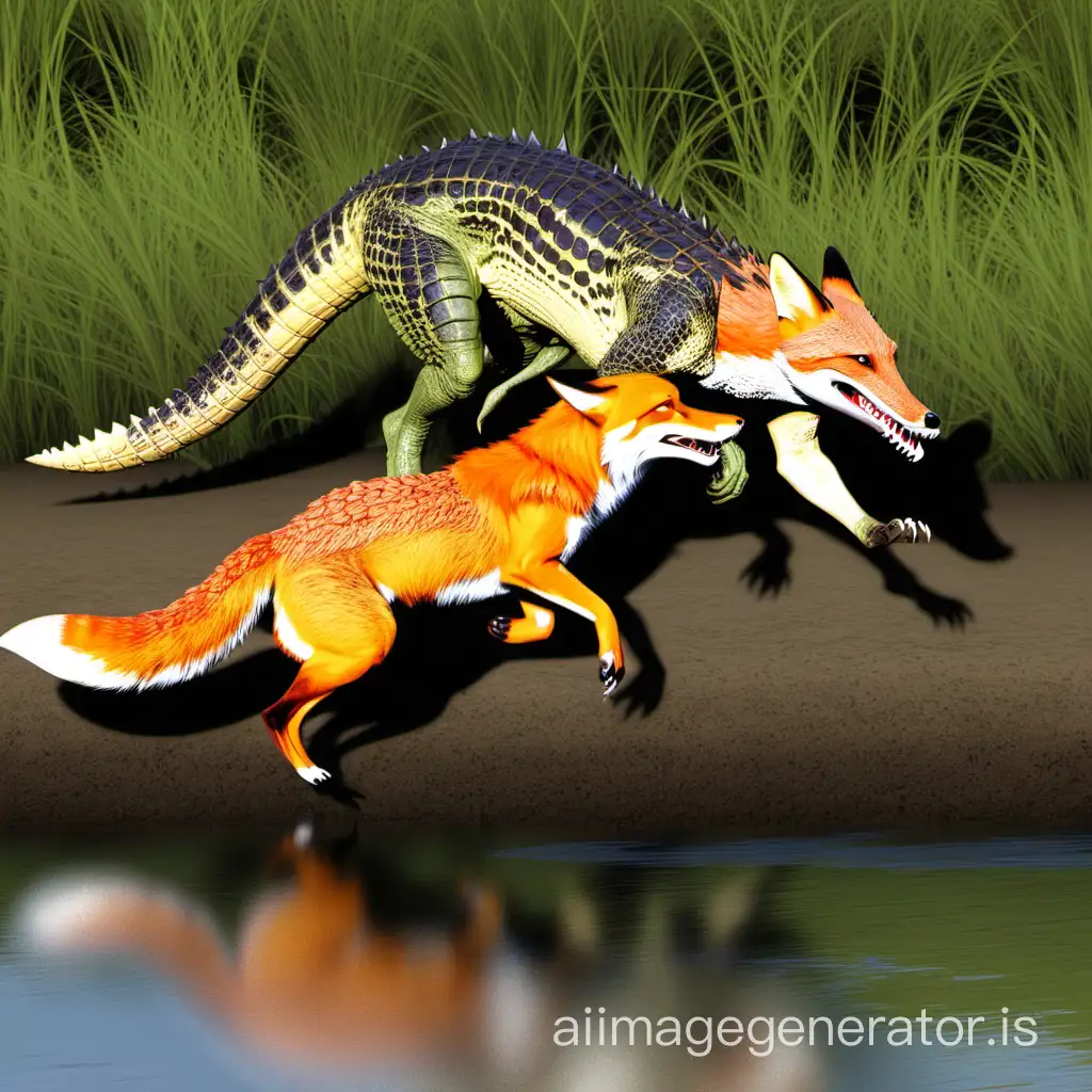 crocodile grabbing a fox on the riverbank