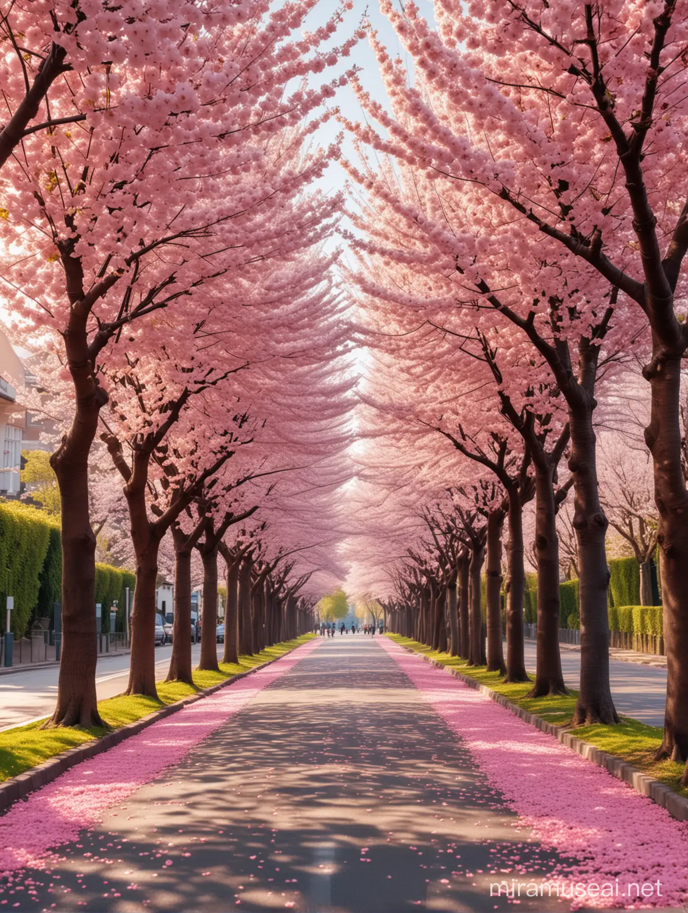 A breathtakingly beautiful real-life photograph of a curved street lined with fully bloomed cherry blossom trees, street is covered with cherry blossom petals, sunlight filtering through the petals creating a serene and magical atmosphere, masterpiece,best quality, highres, 8K photograph, Nikon