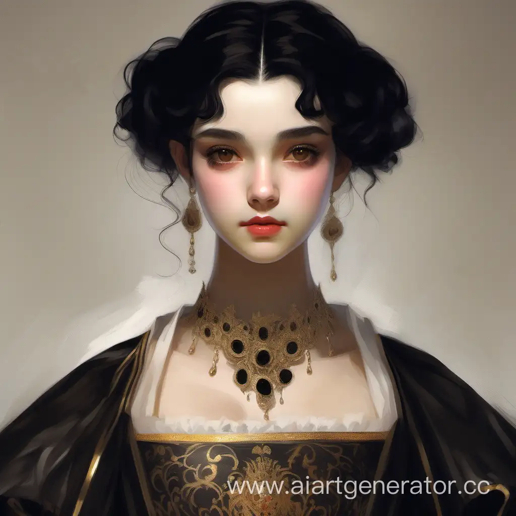 Elegant-Royal-Girl-with-Dark-Brown-Eyes-and-Black-Hair-in-a-Painted-Dress