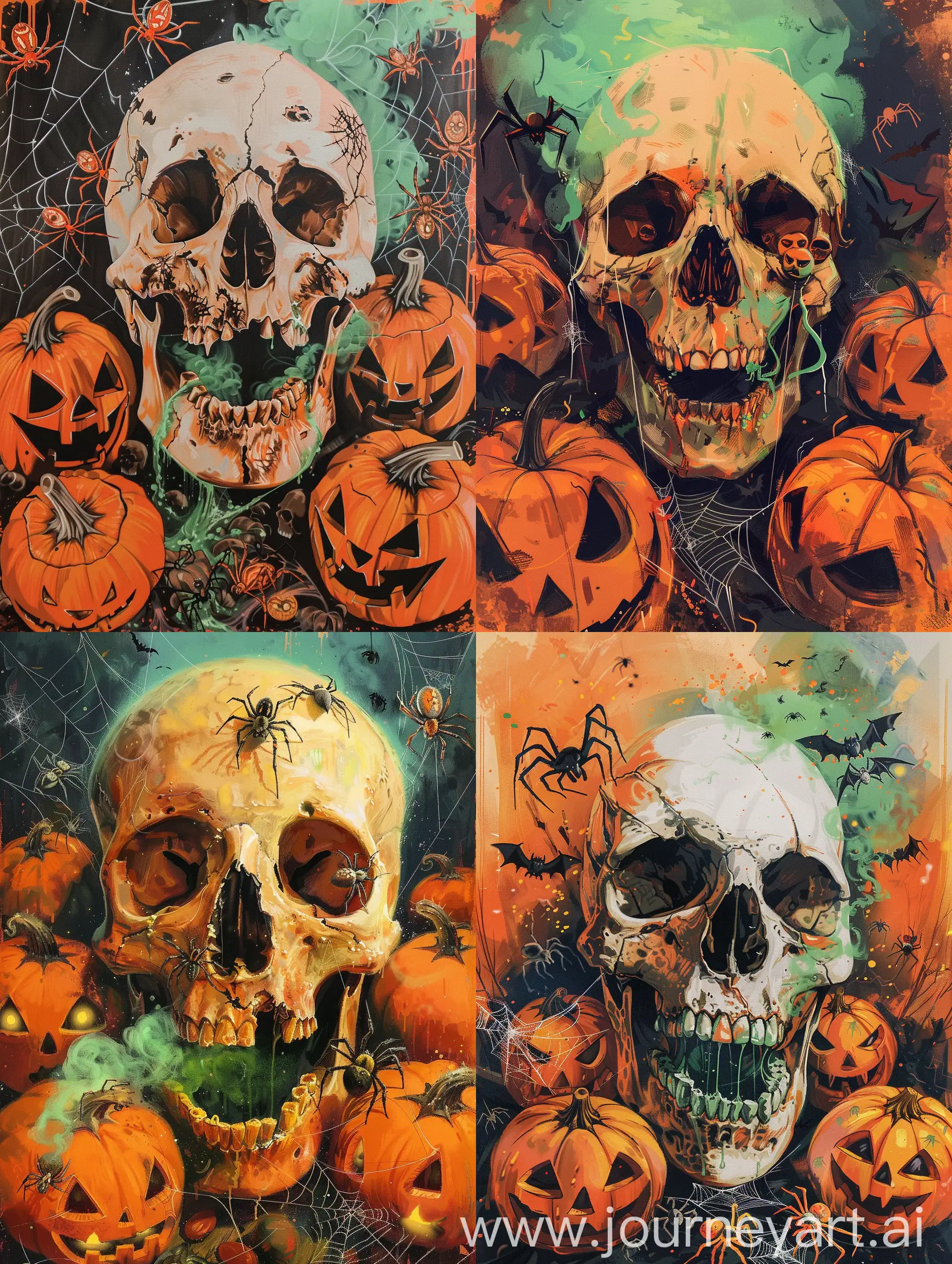 Artistic style: 1. Use hard, clear lines to create a poster effect. 2. Pay attention to details and contrasting colors to create an expressive image.  Composition: 3. Place the skull in the center of the composition to attract the viewer's attention. 4. Place pumpkins with different scary grimaces around the skull, creating a Halloween atmosphere. 5. Add spiders of different sizes crawling on pumpkins to enhance the horror effect.  Color scheme: 6. Use bright orange and black colors for pumpkins and spiders to highlight the Halloween theme. 7. Add green smoke coming out of the open mouth of the skull to create a mysterious and unusual effect.  The mood of the painting: 8. Create an atmosphere of horror and mystery to evoke an emotional response from the audience. 9. Add cobwebs in the four corners of the image to enhance the horror effect and highlight the Halloween theme.