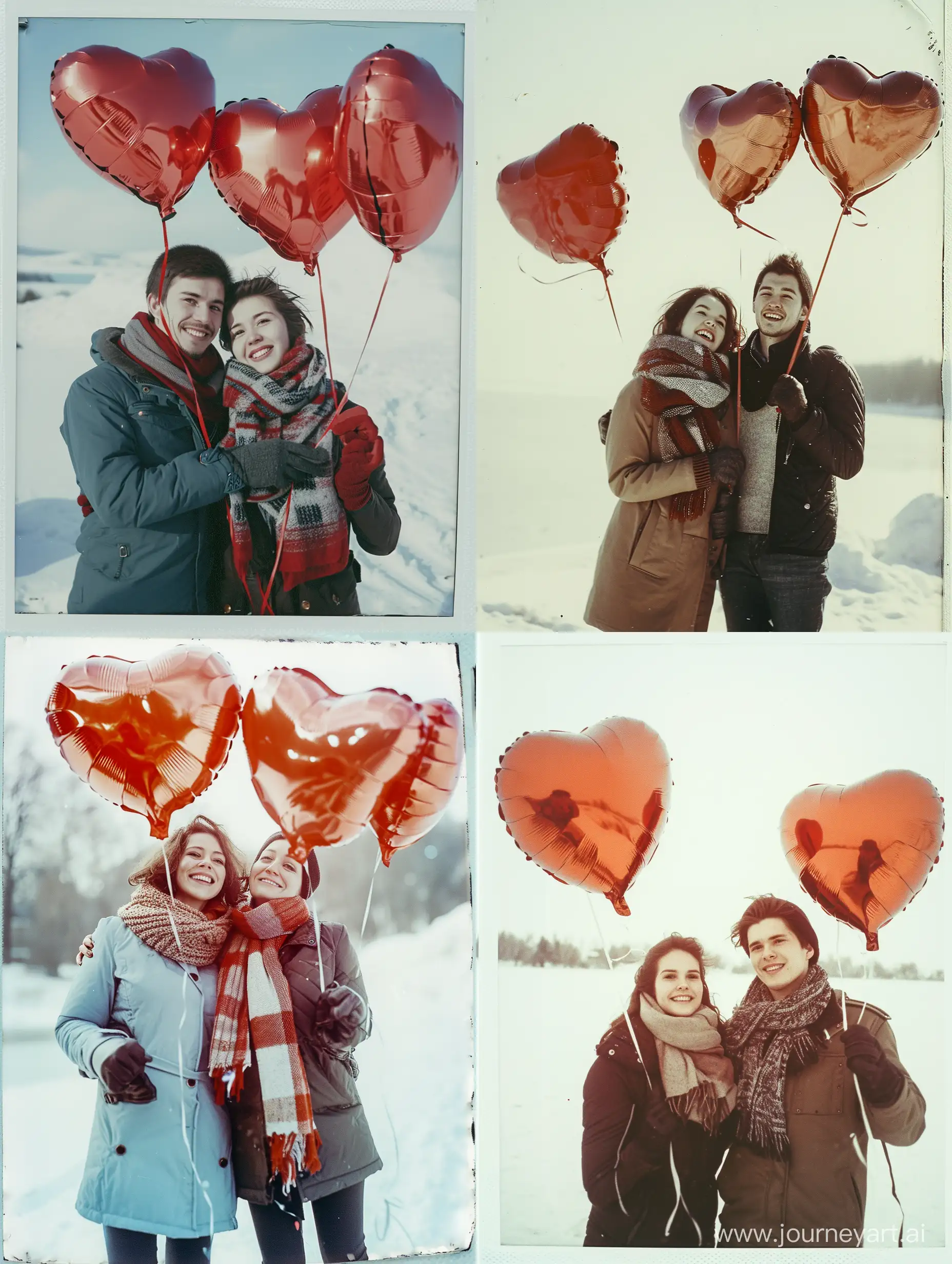Photos in RAW format, photos 35mm ISO 200 scratches and dust chromatic aberrations long exposure drops candid ((happy man and woman Russian, scarf and coat, Lake Baikal in winter, photo polaroid, Holding heart-shaped balloons in their hands, red in color)