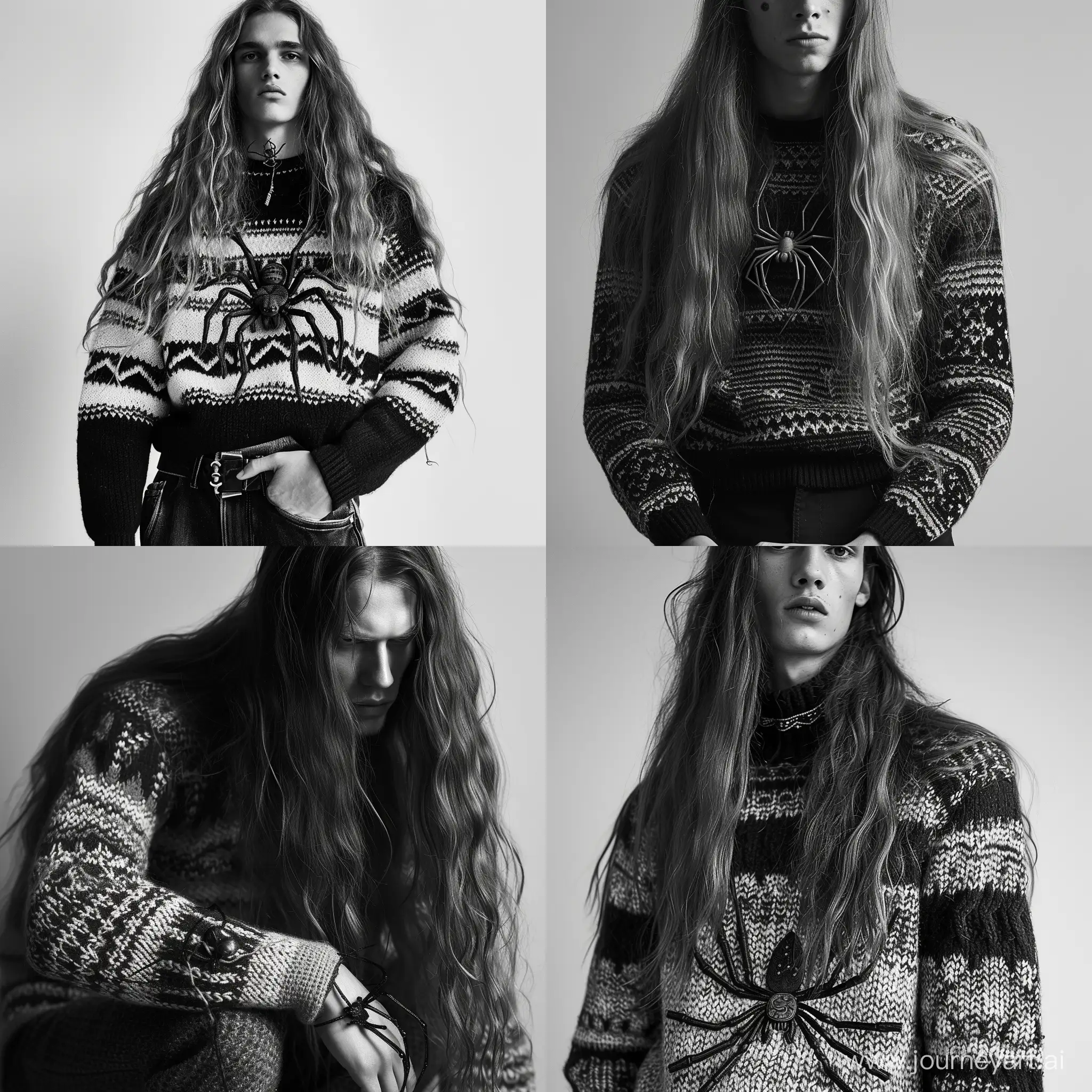Stylish-LongHaired-Man-in-Sweater-with-Spider-Accessory
