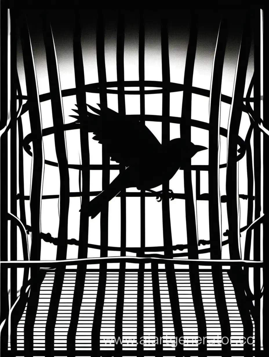 На черном фоне тюремная решетка и в одной из клеток силуэт соловья