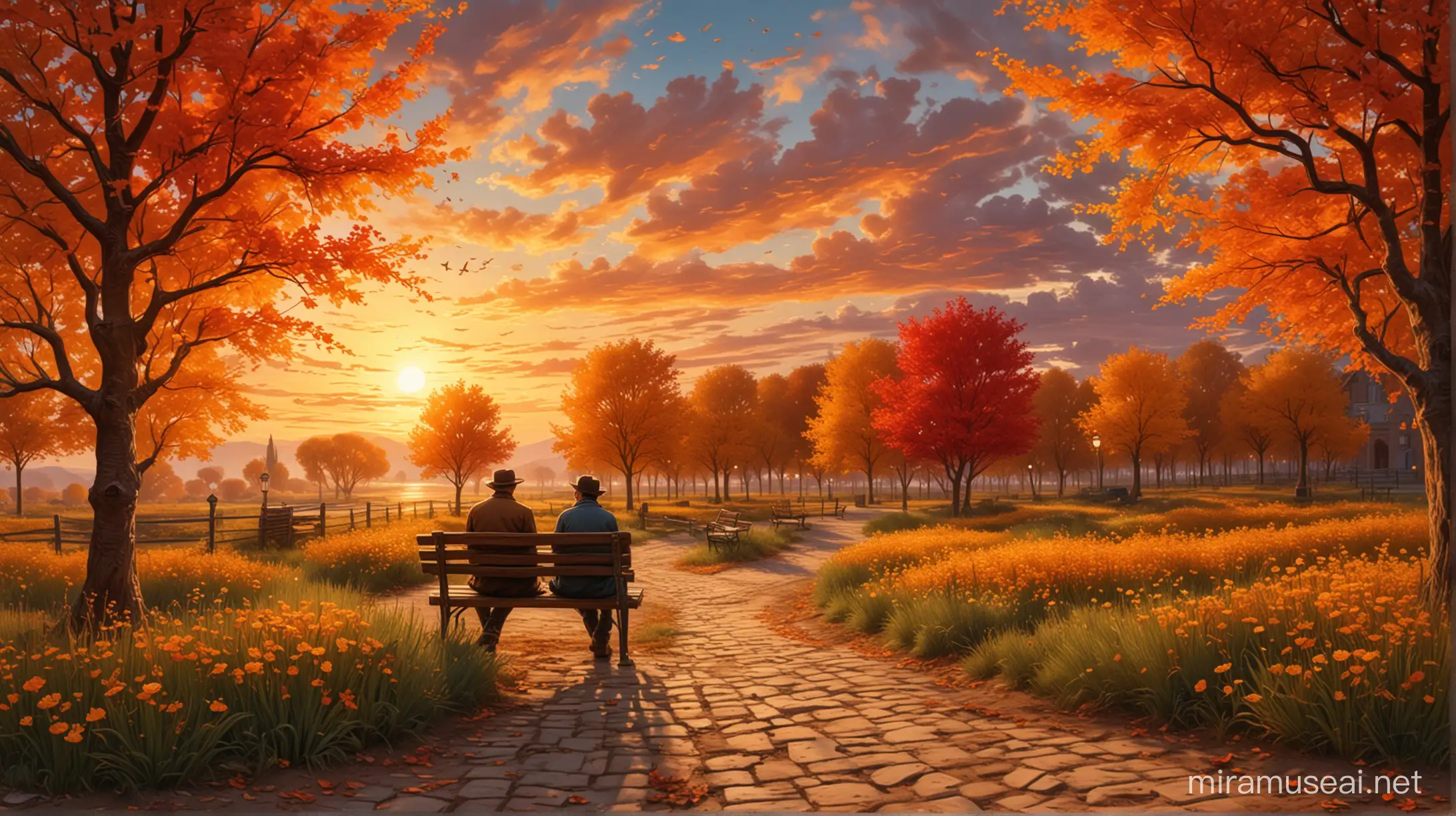 A captivating 3D-rendered artwork inspired by Vincent van Gogh's post-impressionist style, showcasing a mesmerizing sunset. The sky is ablaze with a dazzling array of yellows, oranges, and reds, creating a fiery ambiance that envelops the scene. A lone man, seated on a park bench and engrossed in a book, adds a touch of whimsy and charm to the scene. The meticulous attention to detail in this glazed paper artwork is astonishing, with each element contributing to the overall grandeur of the piece. The vibrant colors and bold, expressive brushstrokes evoke a sense of awe and wonder, inviting the viewer to become a part of the radiant sunset's magic., 3d render, vibrant 