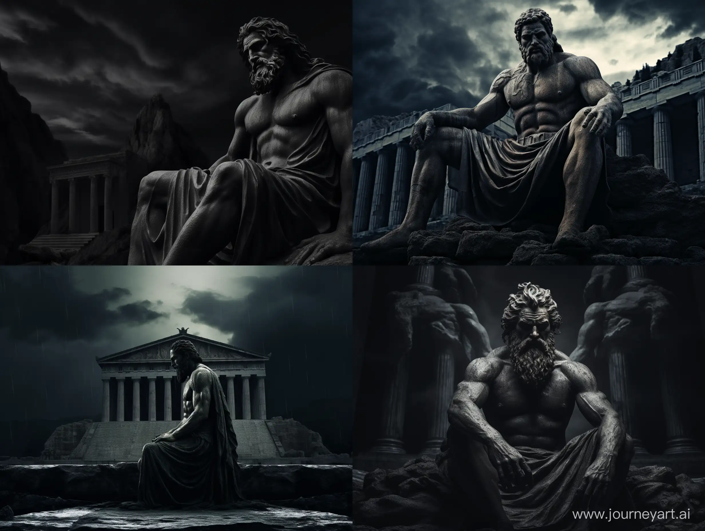 A dark landscape image of an ancient Greek society deeply connected to stoicism, black and white, ancient Greek architecture, include one single big statue of a stereotypical strong Greek man --ar 4:3 --no 94026